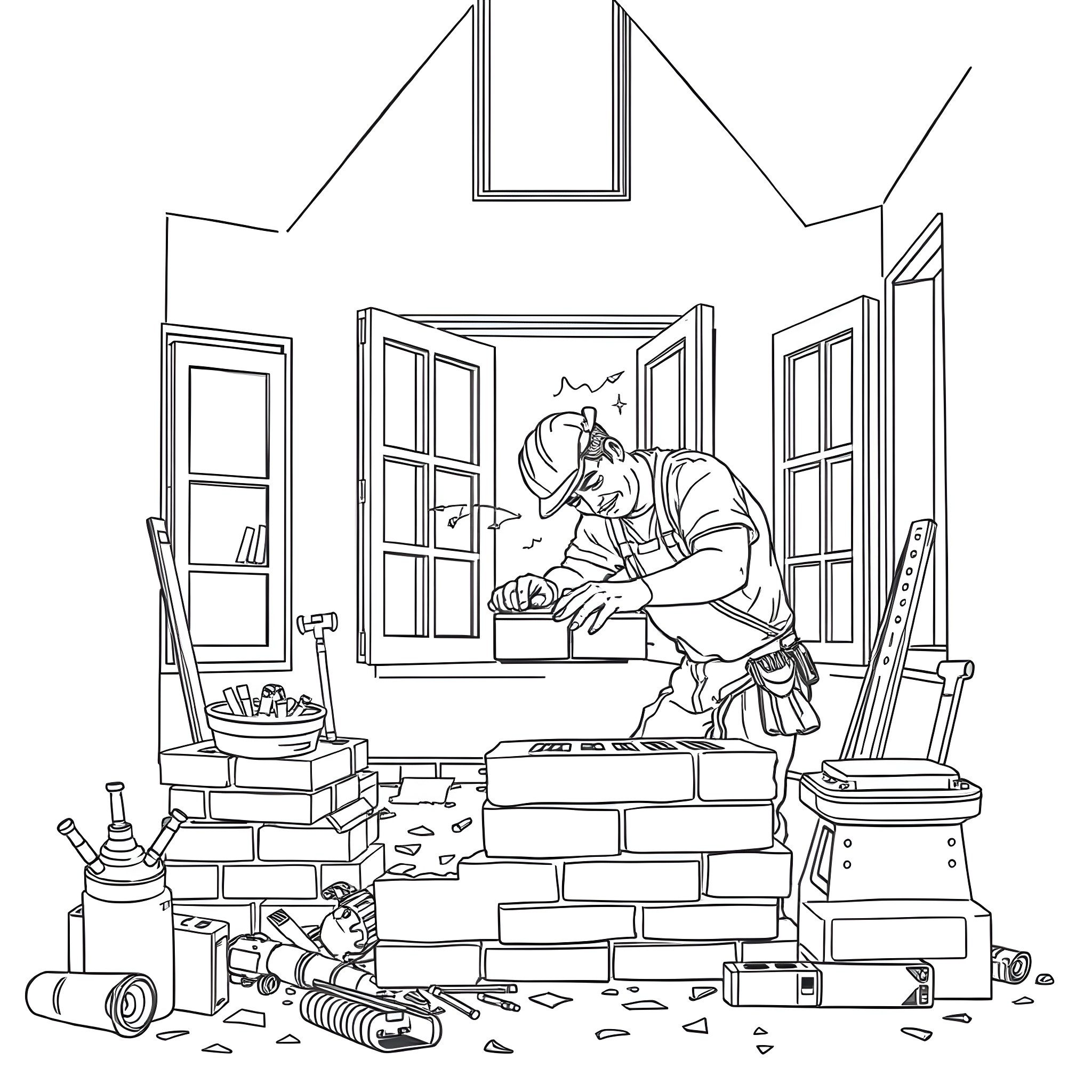 Dad working diligently on home renovations Coloring Page (free black-and-white line drawing printable PDF for all, from beginners to advanced learners, including children, teens, adults, and seniors)