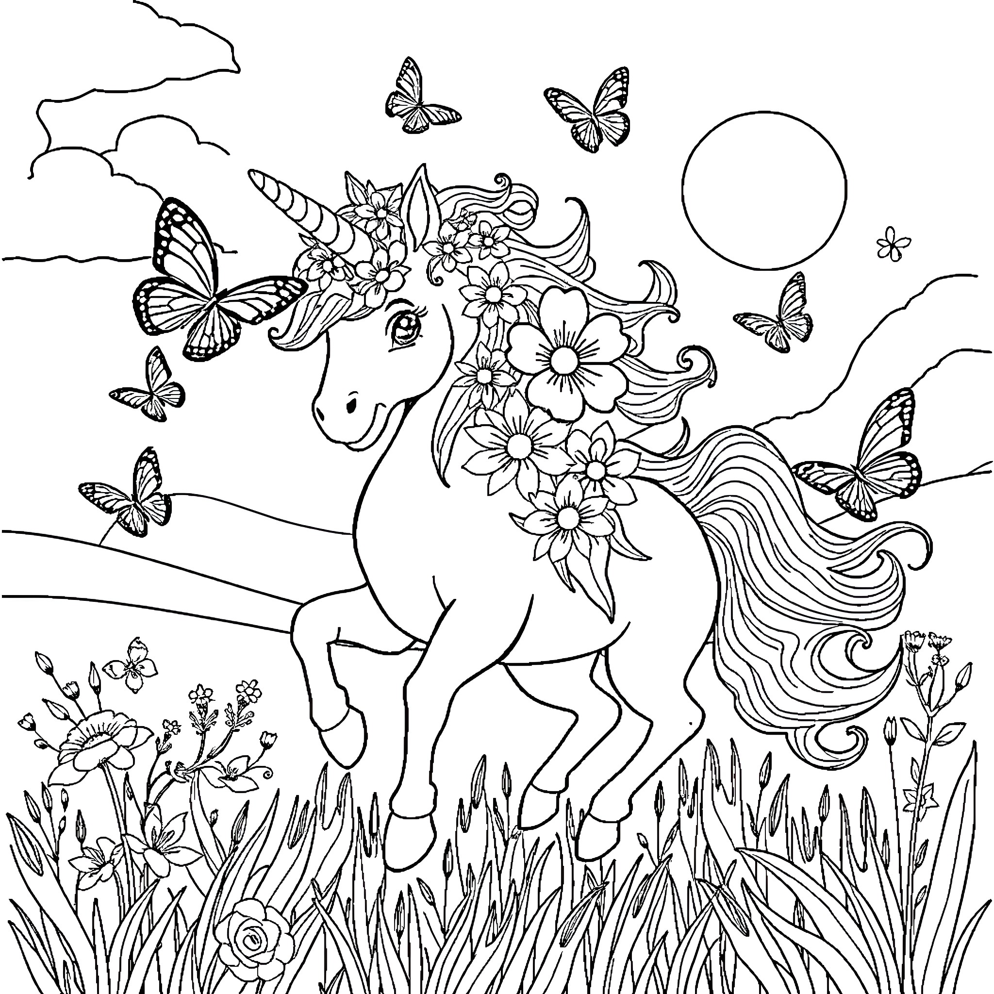 Unicorn surrounded by flowers and butterflies Coloring Page (free black-and-white line drawing printable PDF for all, from beginners to advanced learners, including children, teens, adults, and seniors)