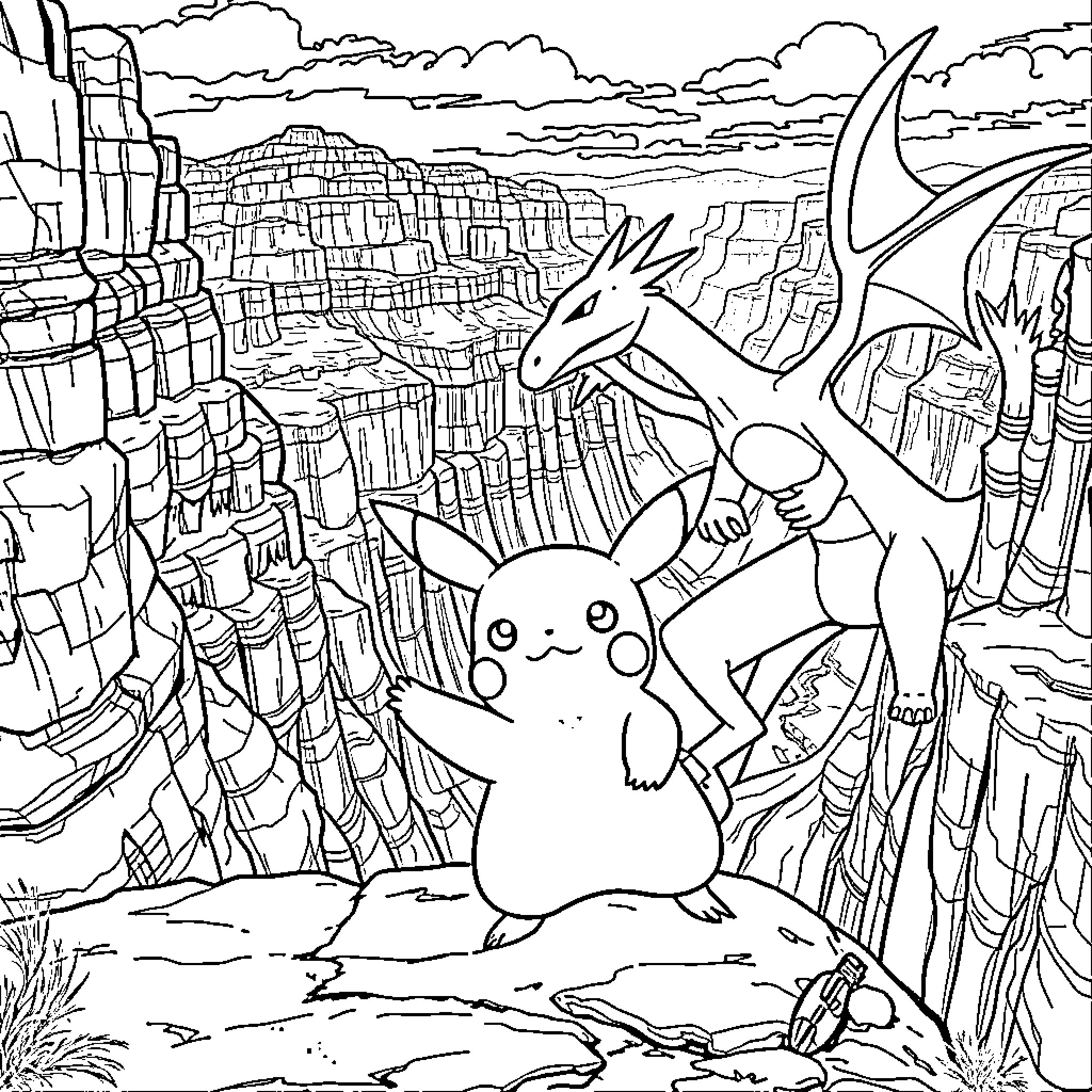 Pikachu exploring the mountainous landscape with a Charizard Coloring Page (free black-and-white line drawing printable PDF for all, from beginners to advanced learners, including children, teens, adults, and seniors)