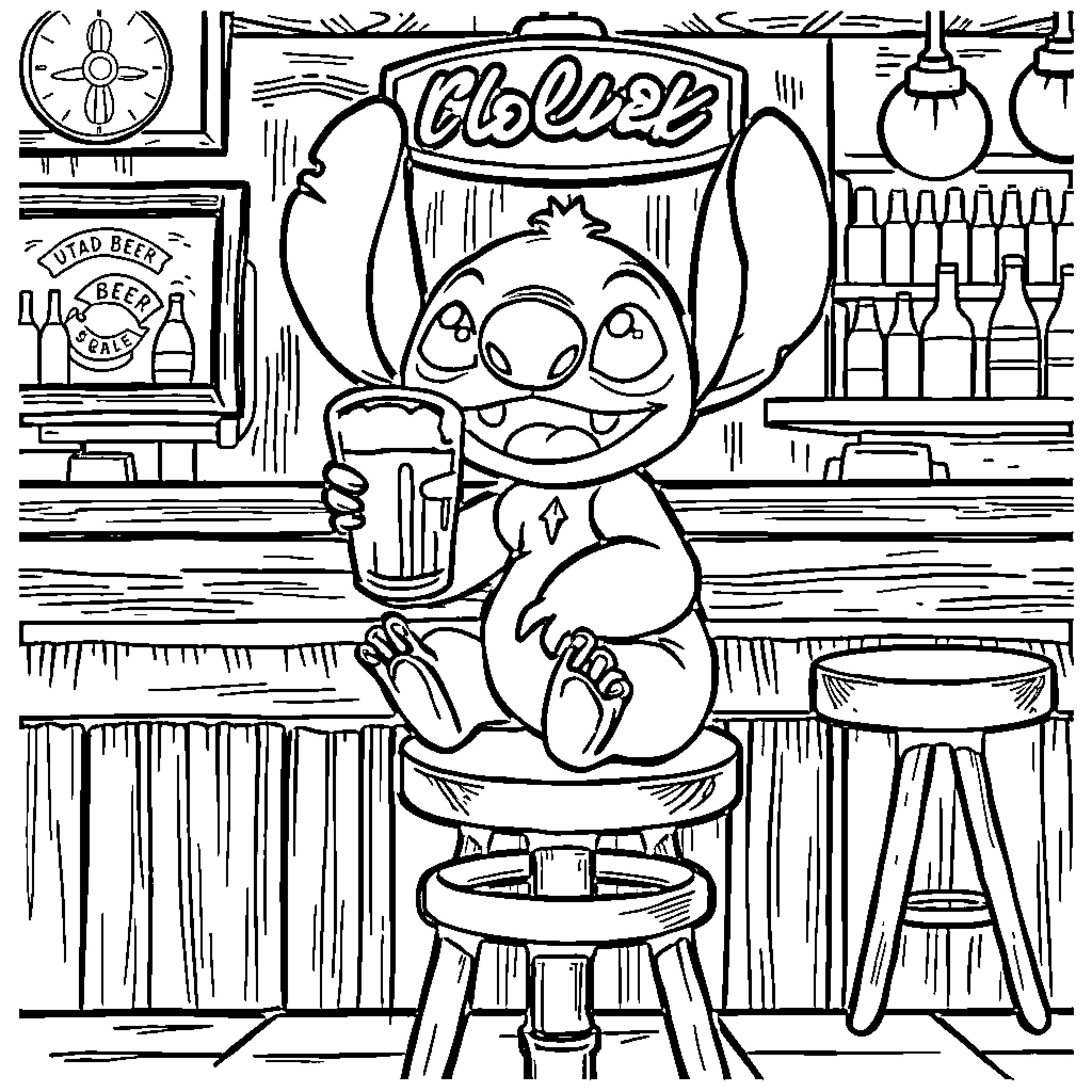 Stitch enjoying a beverage at the bar Coloring Page (free black-and-white line drawing printable PDF for all, from beginners to advanced learners, including children, teens, adults, and seniors)
