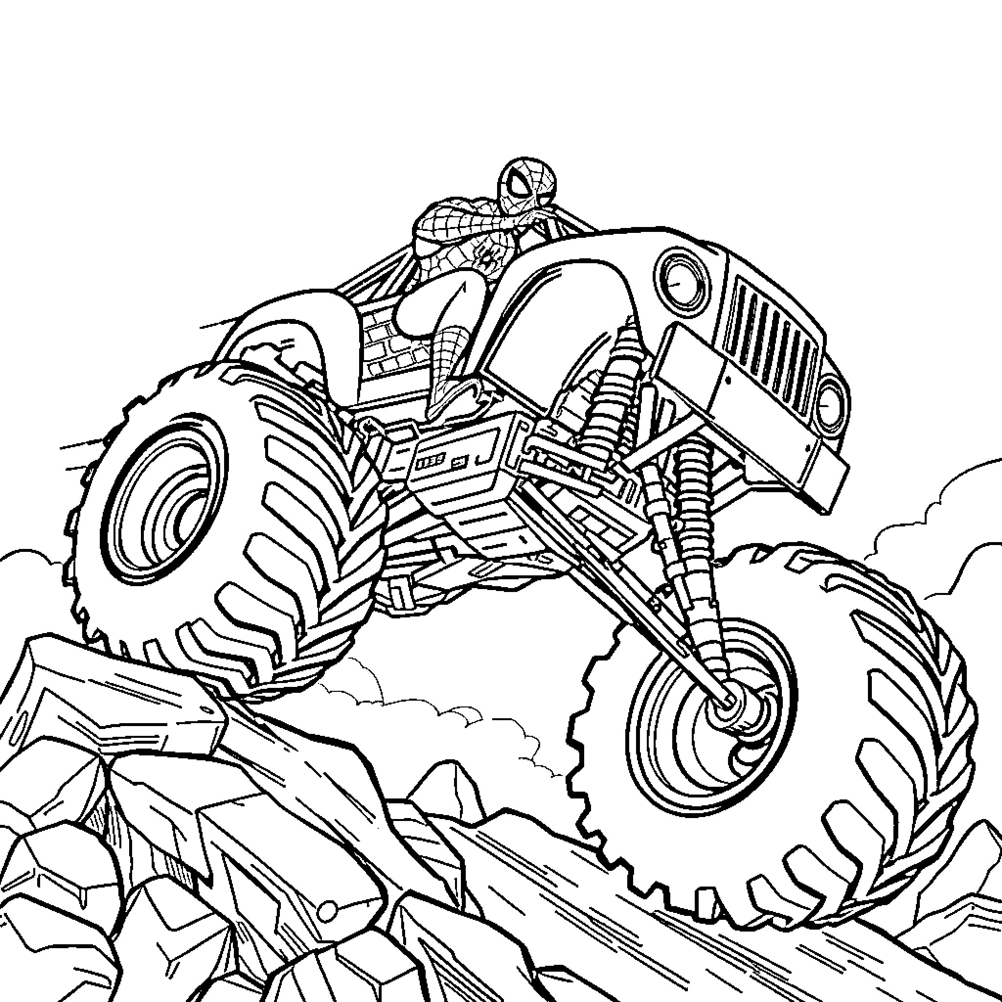 Spiderman riding a monster truck through the terrain Coloring Page (free black-and-white line drawing printable PDF for all, from beginners to advanced learners, including children, teens, adults, and seniors)