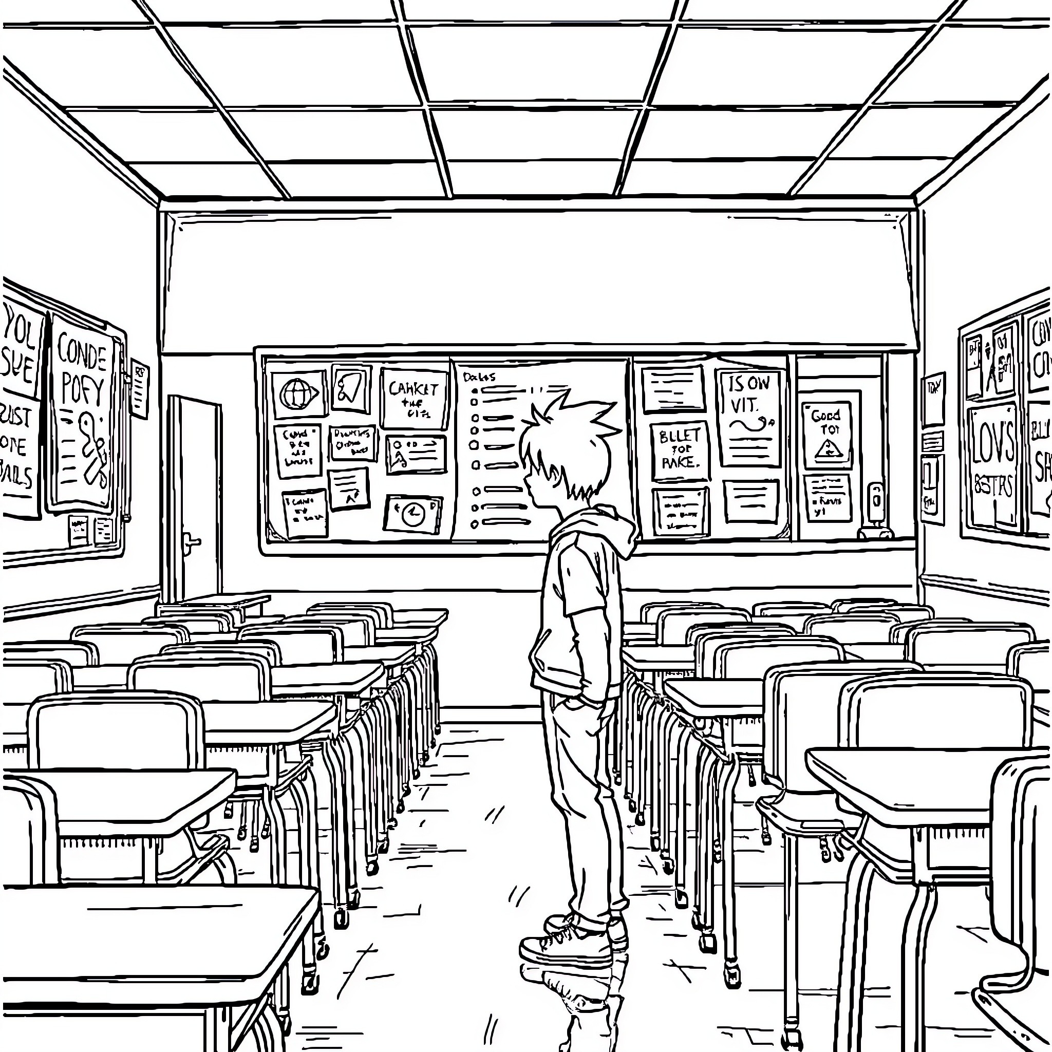 Fight for Knowledge in the Classroom Coloring Page (free black-and-white line drawing printable PDF for all, from beginners to advanced learners, including children, teens, adults, and seniors)