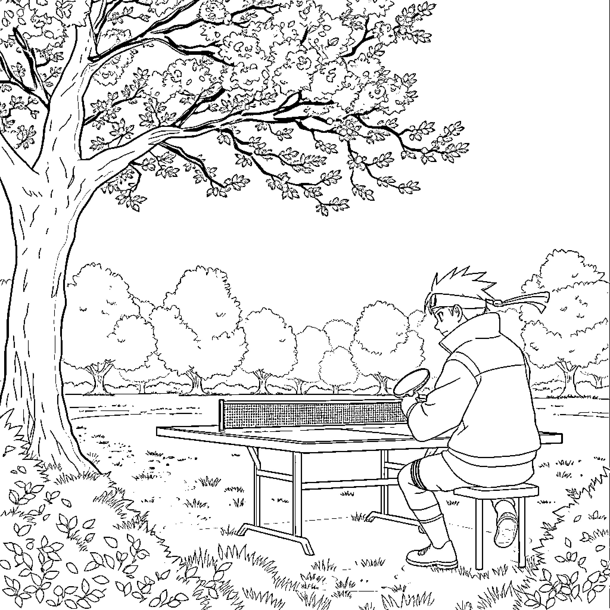Naruto playing table tennis under a blooming tree Coloring Page (free black-and-white line drawing printable PDF for all, from beginners to advanced learners, including children, teens, adults, and seniors)