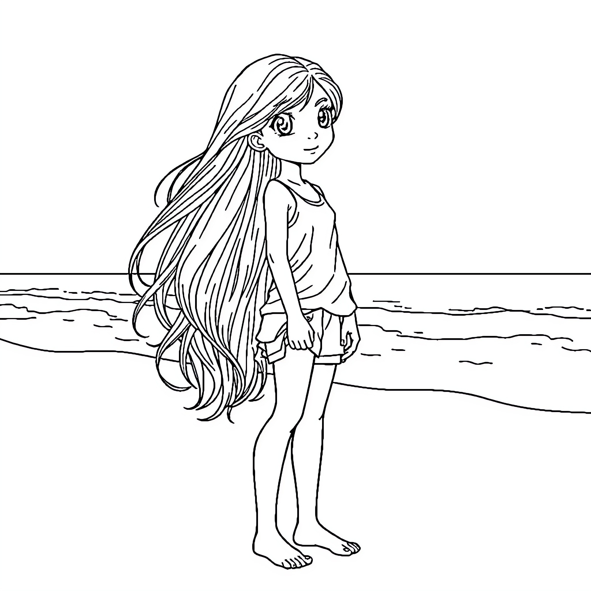 Girl enjoying the beach with long flowing hair Coloring Page (free black-and-white line drawing printable PDF for all, from beginners to advanced learners, including children, teens, adults, and seniors)