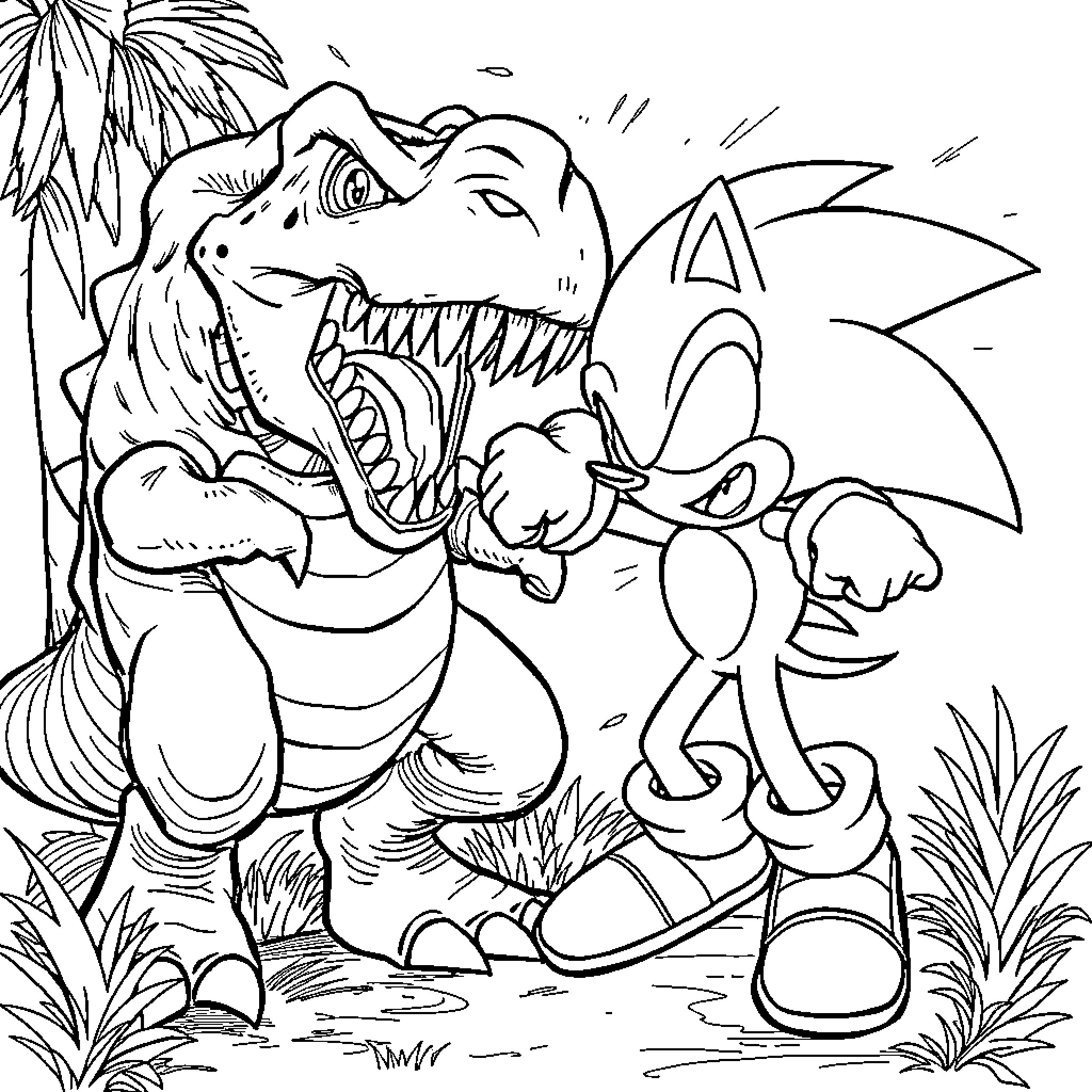 Sonic's Jungle Adventure with Fearsome Dinosaur Coloring Page (free black-and-white line drawing printable PDF for all, from beginners to advanced learners, including children, teens, adults, and seniors)