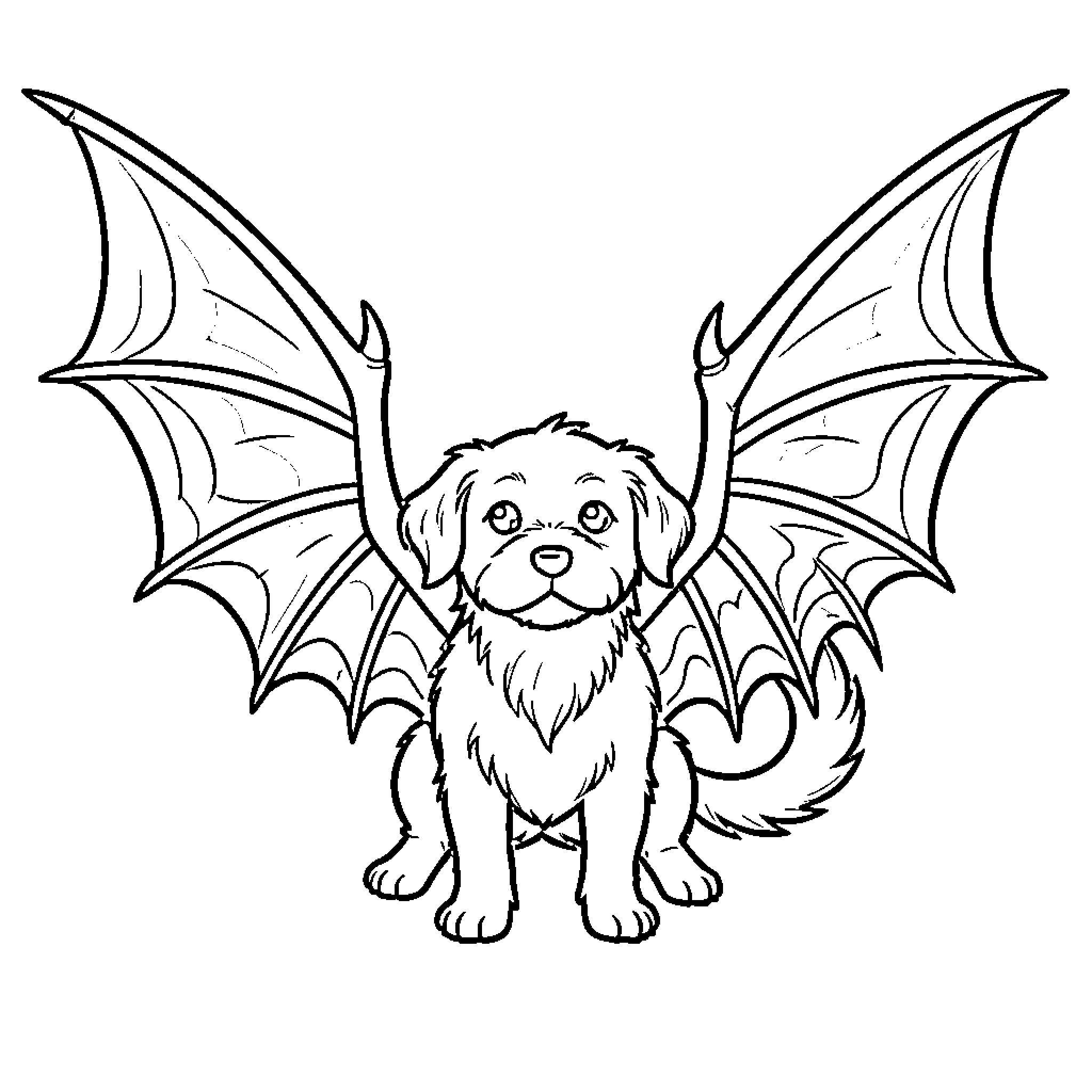 Dog with whimsical dragon-like wings Coloring Page (free black-and-white line drawing printable PDF for all, from beginners to advanced learners, including children, teens, adults, and seniors)
