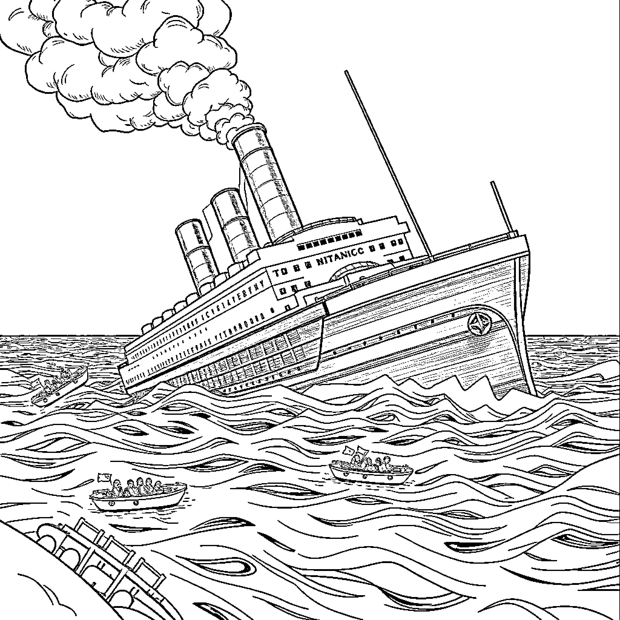 Titanic Ship Sinking in the Stormy Sea Coloring Page (free black-and-white line drawing printable PDF for all, from beginners to advanced learners, including children, teens, adults, and seniors)