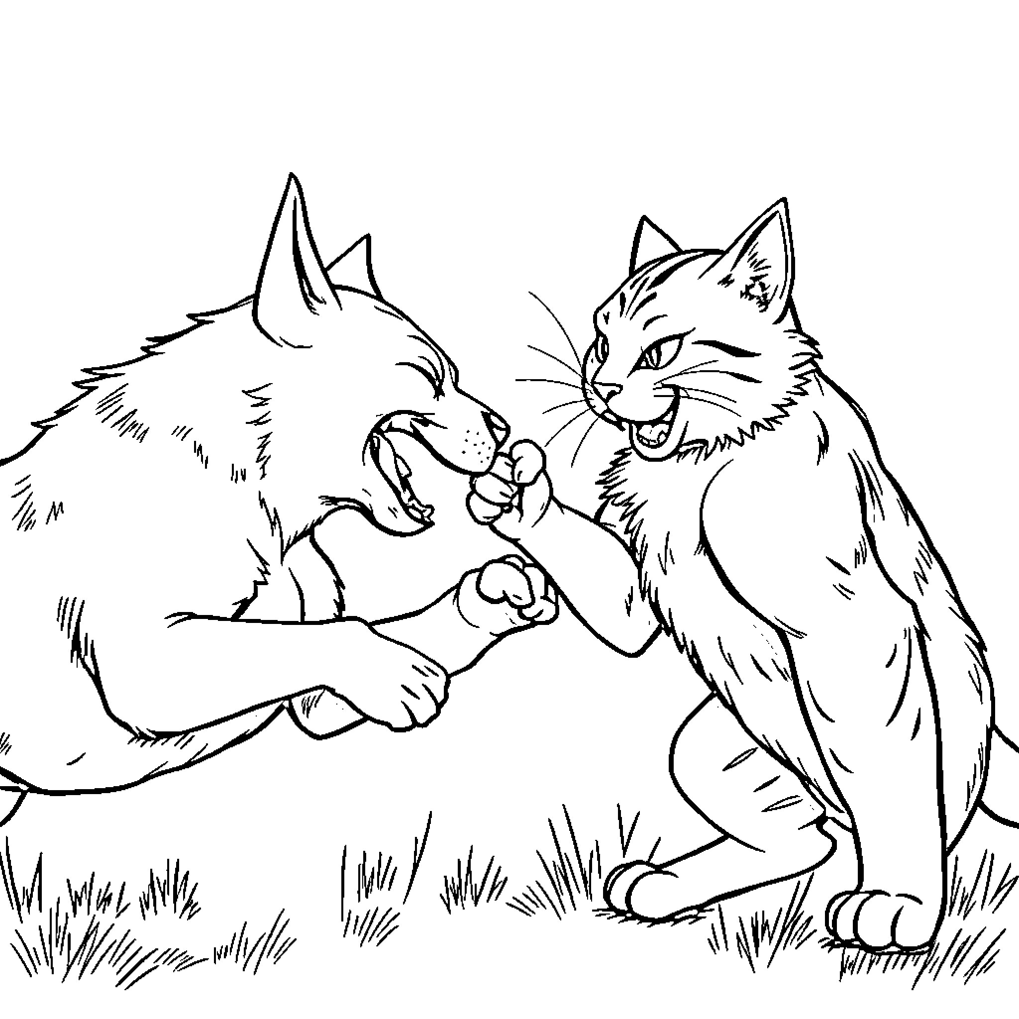 Dog friends fighting playfully in the grass Coloring Page (free black-and-white line drawing printable PDF for all, from beginners to advanced learners, including children, teens, adults, and seniors)