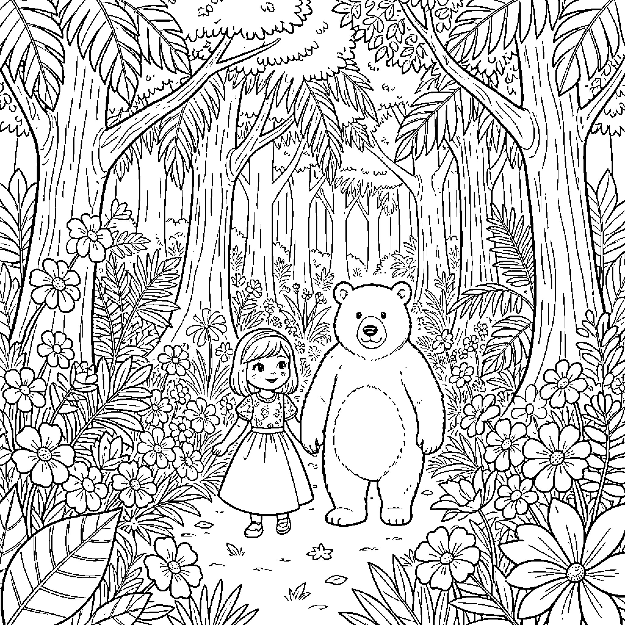 Masha's Adventure in the Enchanted Forest Coloring Page (free black-and-white line drawing printable PDF for all, from beginners to advanced learners, including children, teens, adults, and seniors)