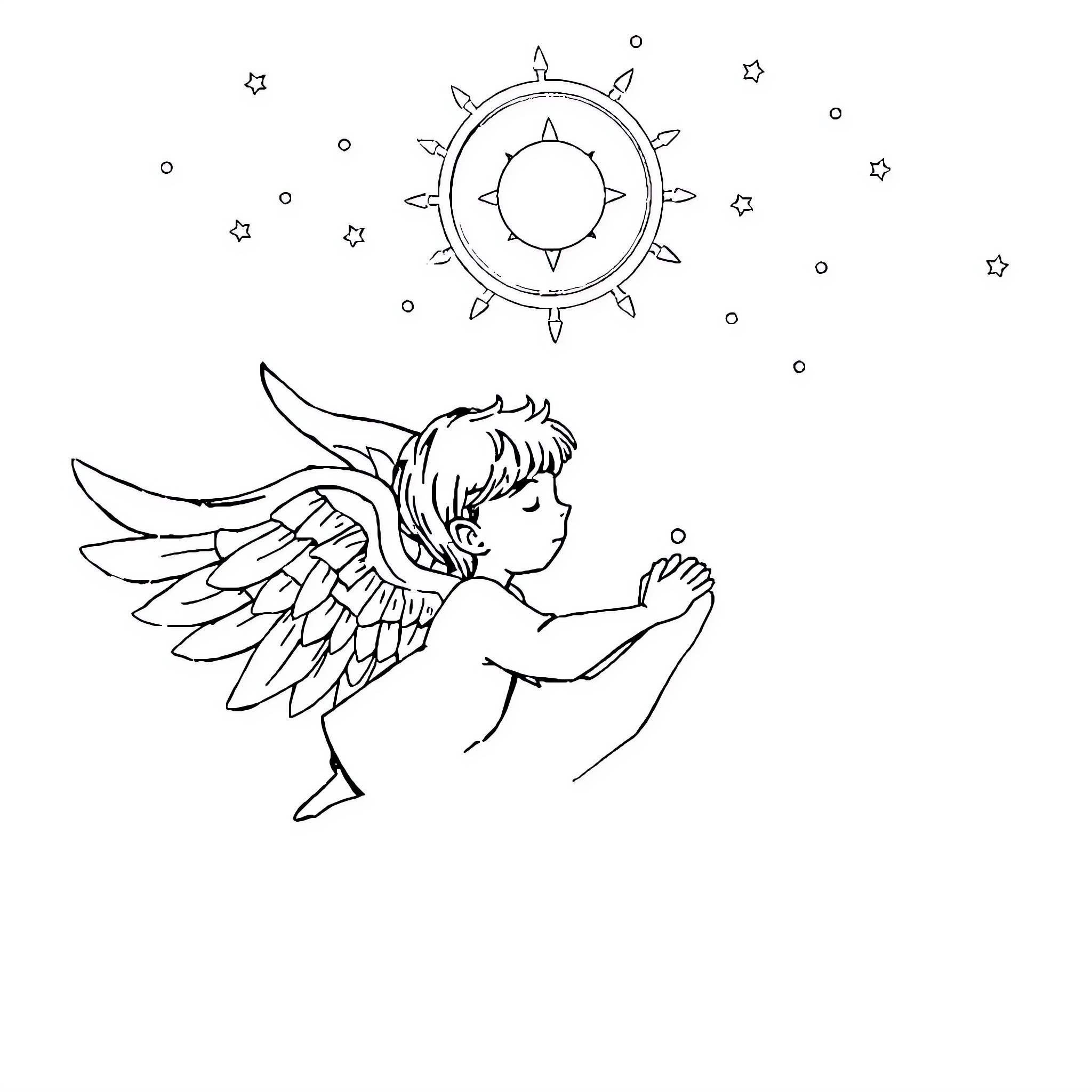 Stitch of an angelic figure in the starry sky Coloring Page (free black-and-white line drawing printable PDF for all, from beginners to advanced learners, including children, teens, adults, and seniors)