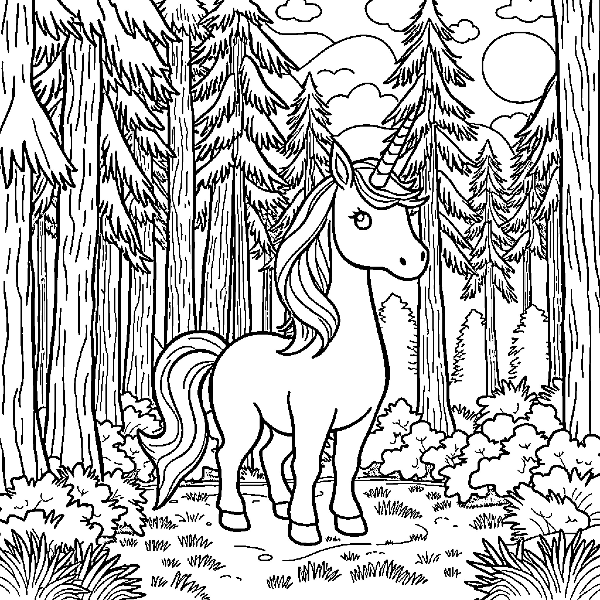 Unicorn in the Enchanted Forest Coloring Page (free black-and-white line drawing printable PDF for all, from beginners to advanced learners, including children, teens, adults, and seniors)