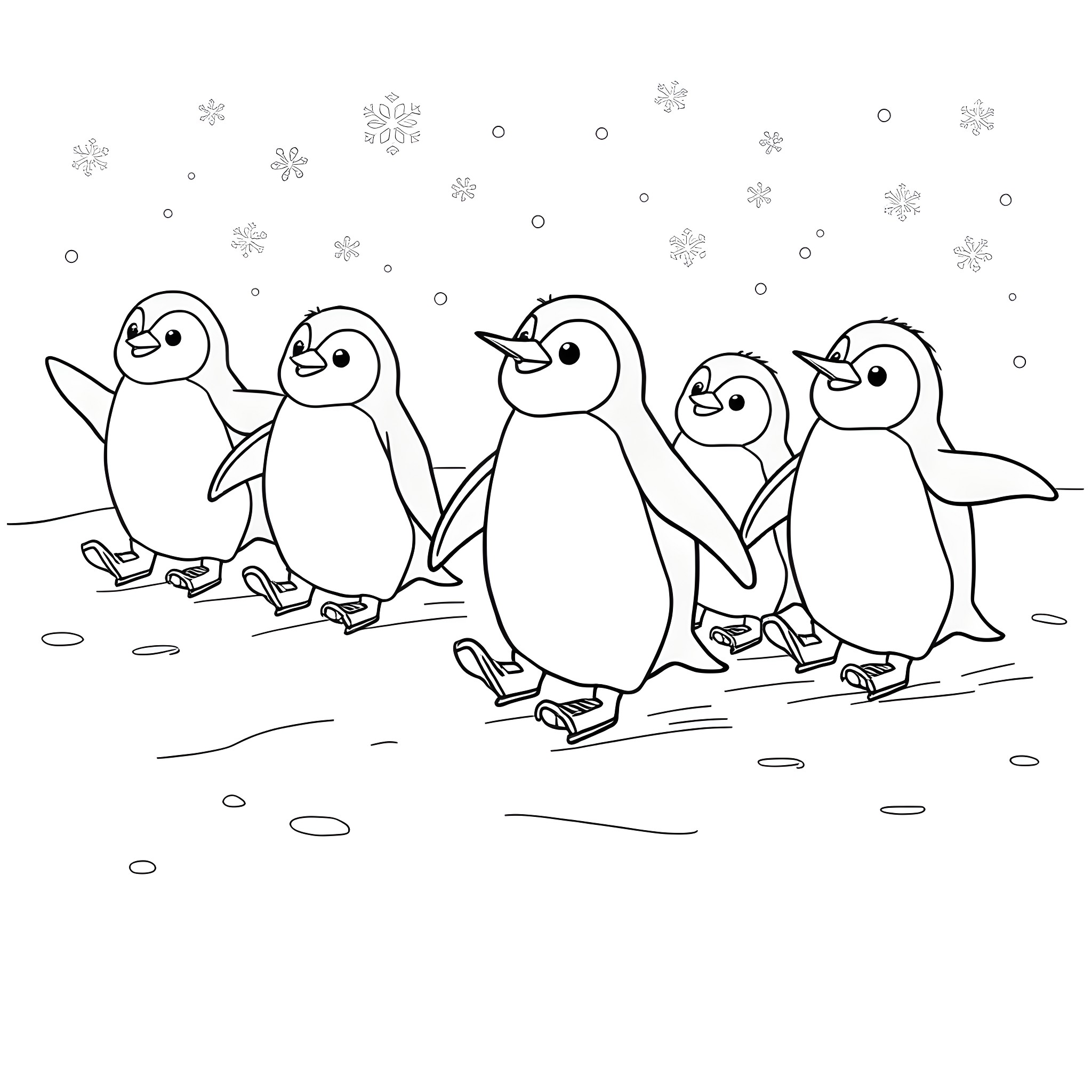Penguin family frolicking in the snowy winter Coloring Page (free black-and-white line drawing printable PDF for all, from beginners to advanced learners, including children, teens, adults, and seniors)
