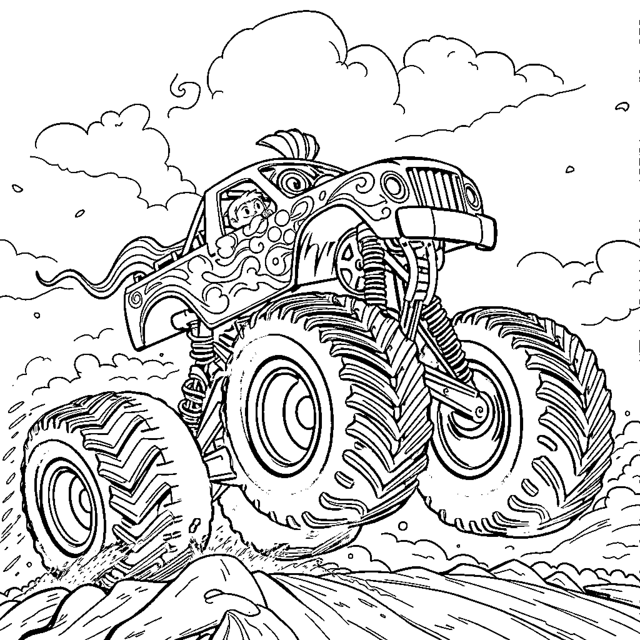 Sprunki Monster Truck Driving Over Terrain Coloring Page (free black-and-white line drawing printable PDF for all, from beginners to advanced learners, including children, teens, adults, and seniors)