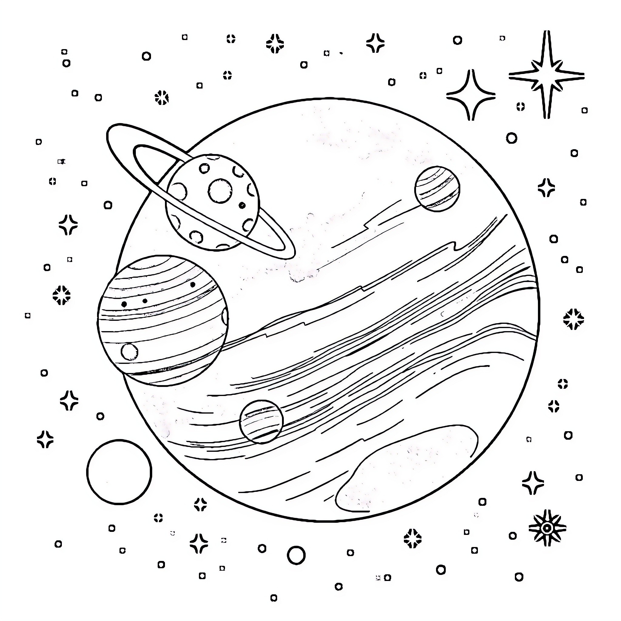 Solar System Planets and Stars Coloring Scene Coloring Page (free black-and-white line drawing printable PDF for all, from beginners to advanced learners, including children, teens, adults, and seniors)