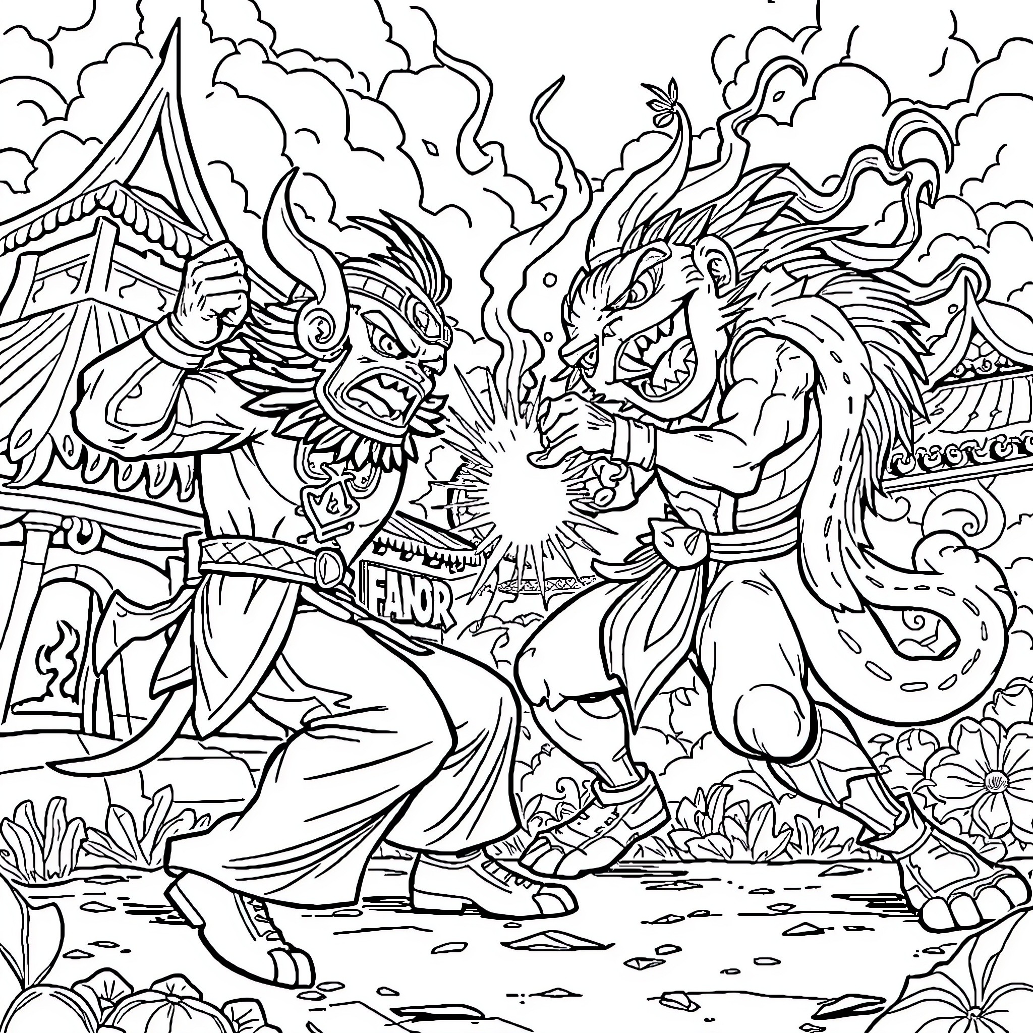 Tung's Clash with Mythical Creatures Coloring Page (free black-and-white line drawing printable PDF for all, from beginners to advanced learners, including children, teens, adults, and seniors)