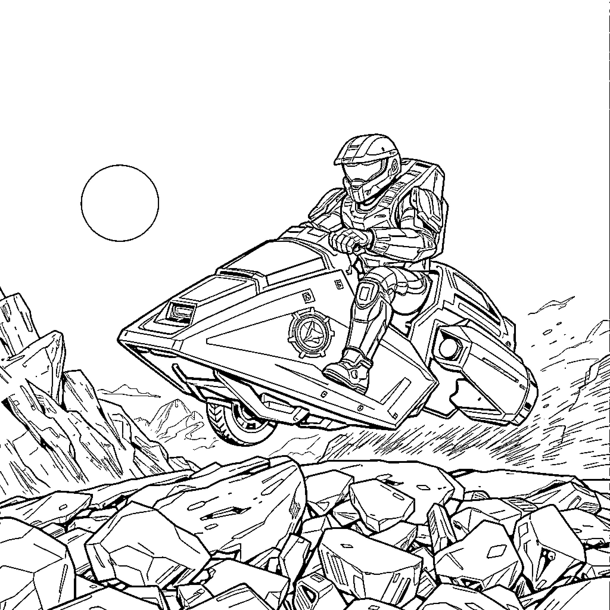 Master Chief riding a futuristic vehicle on a rocky landscape Coloring Page (free black-and-white line drawing printable PDF for all, from beginners to advanced learners, including children, teens, adults, and seniors)