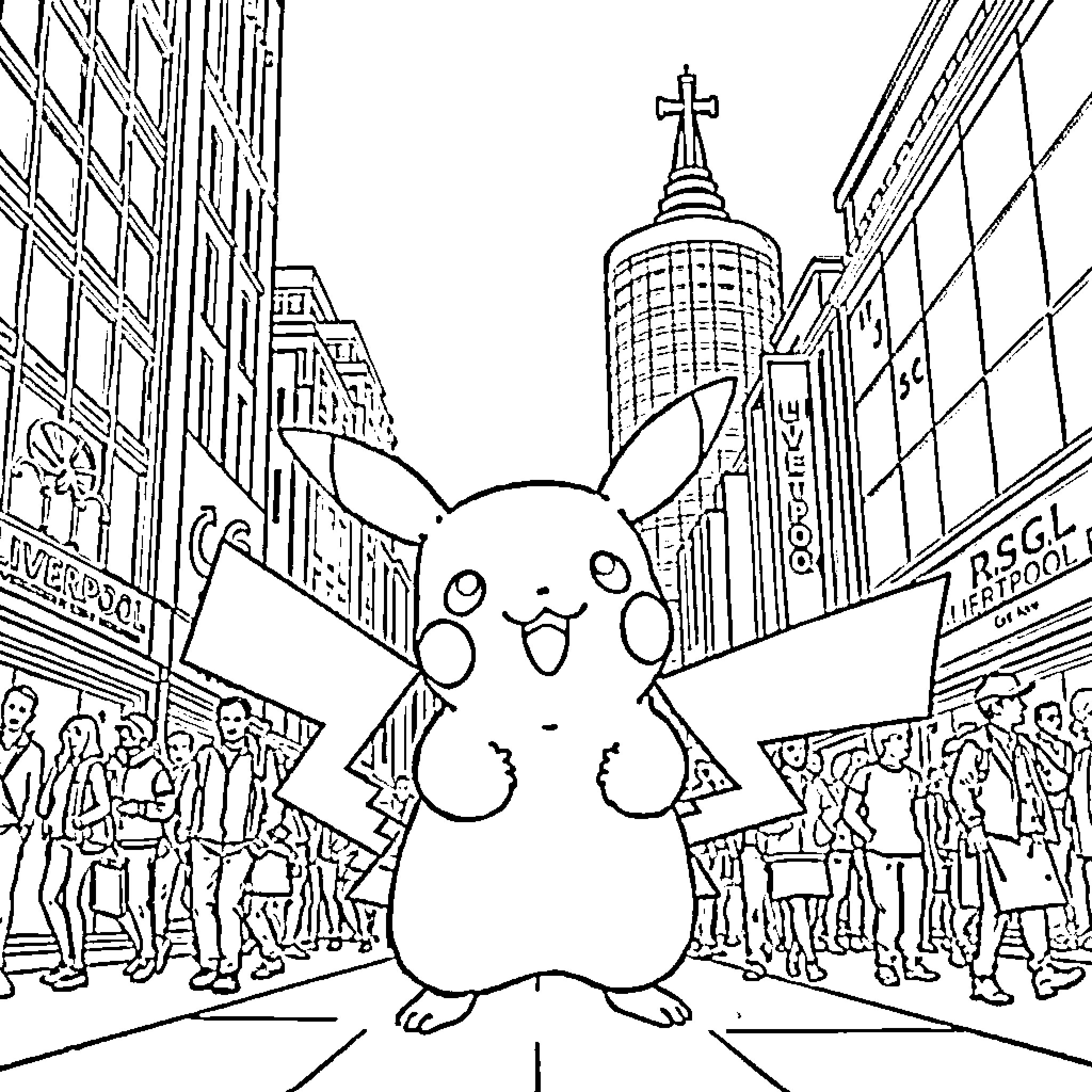 Pikachu exploring the bustling city streets Coloring Page (free black-and-white line drawing printable PDF for all, from beginners to advanced learners, including children, teens, adults, and seniors)