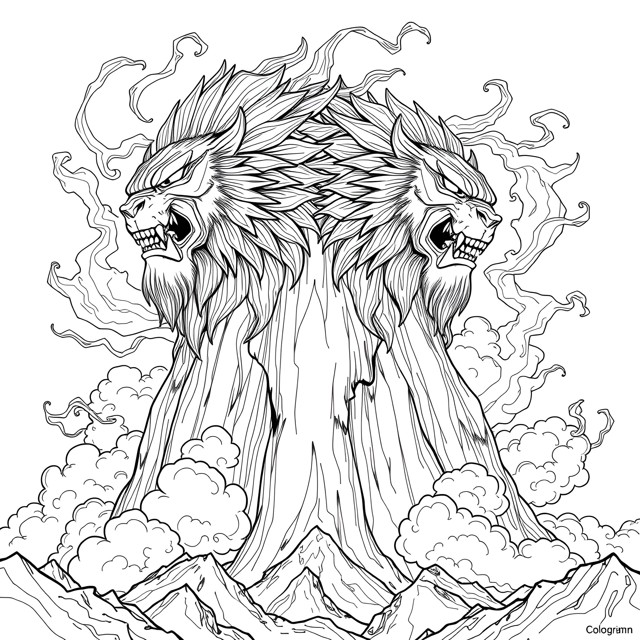Giant Ferocious Two-Headed Creature Emerging from Clouds Coloring Page (free black-and-white line drawing printable PDF for all, from beginners to advanced learners, including children, teens, adults, and seniors)