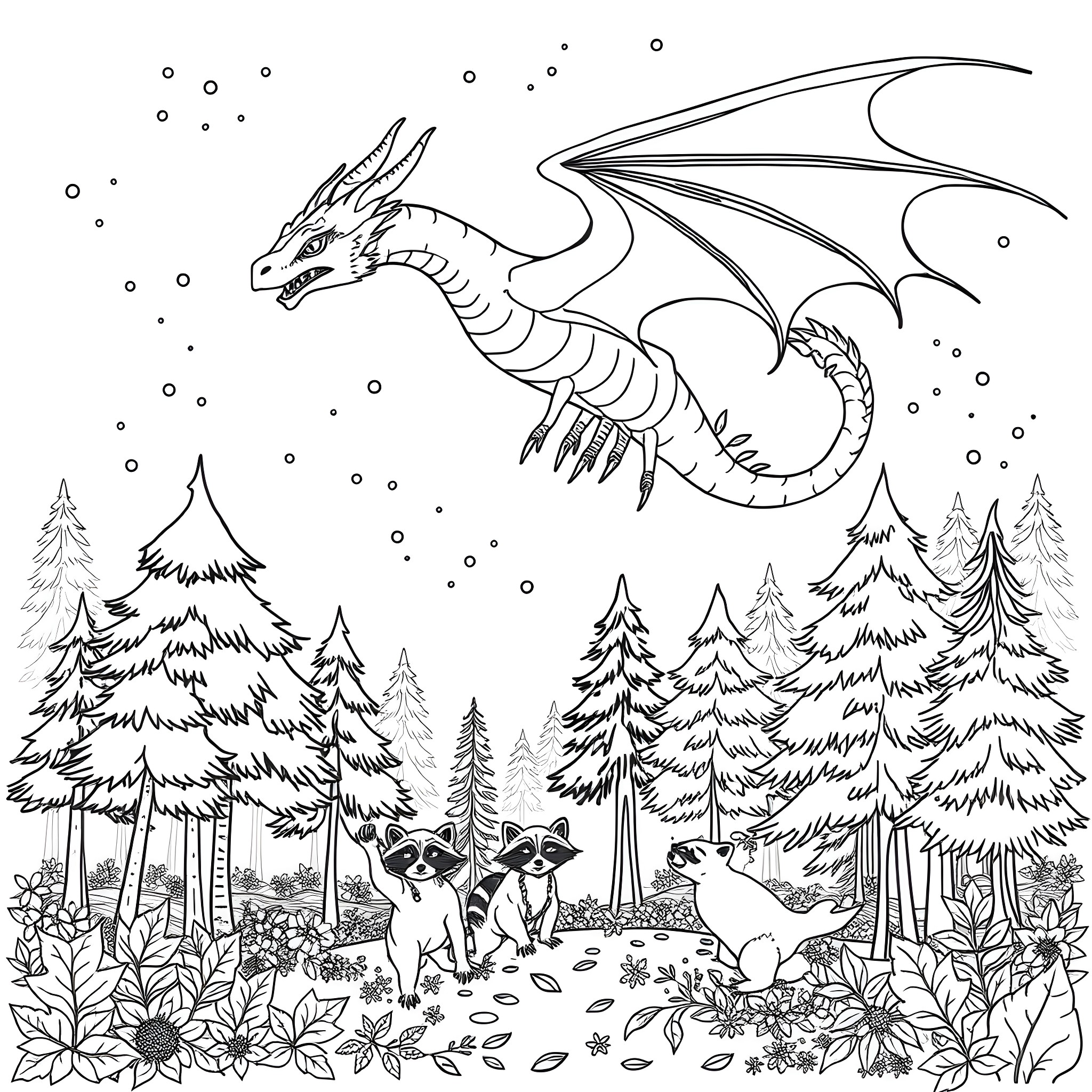 Dragon soaring over the enchanted forest Coloring Page (free black-and-white line drawing printable PDF for all, from beginners to advanced learners, including children, teens, adults, and seniors)
