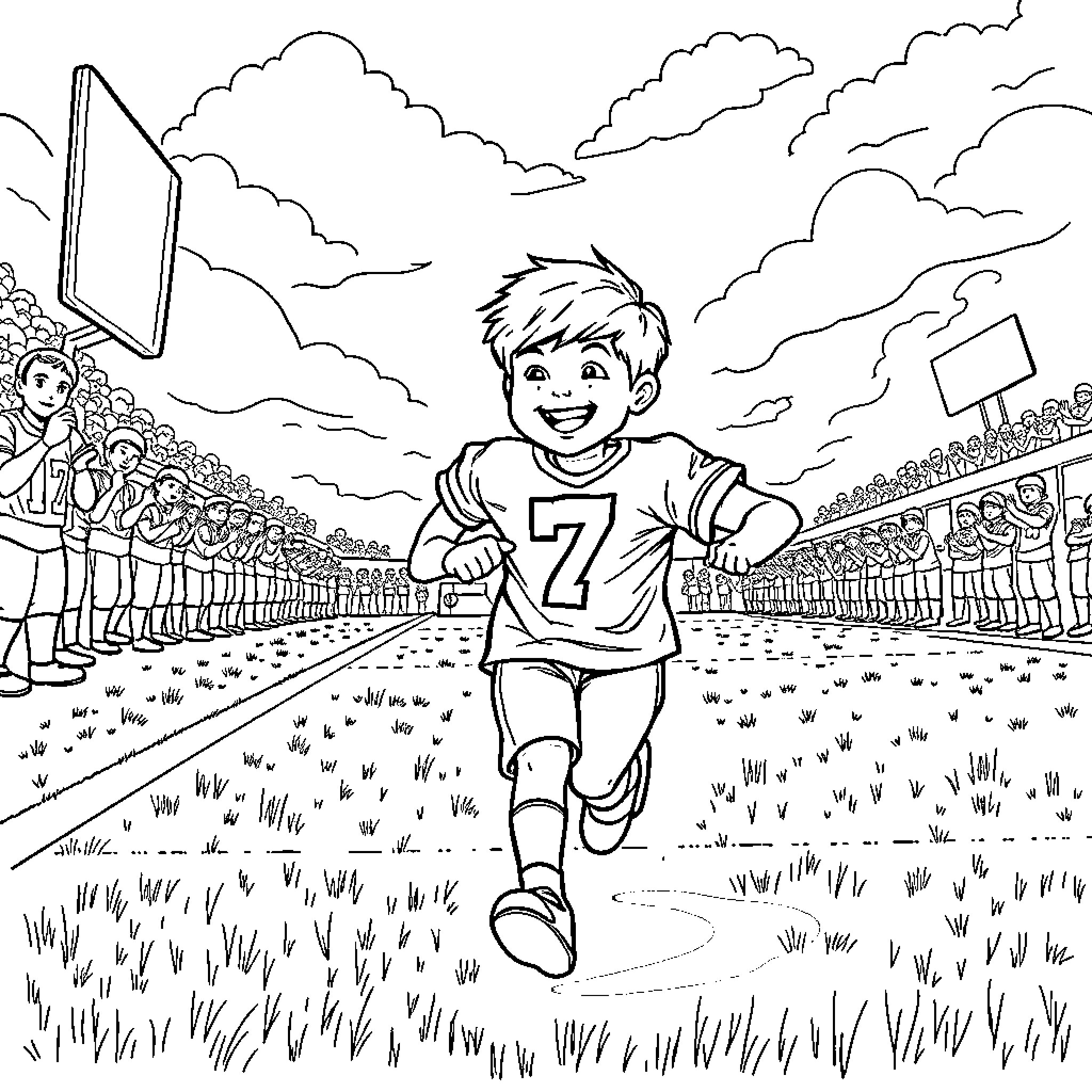 Kid Proudly Running on the Field Coloring Page (free black-and-white line drawing printable PDF for all, from beginners to advanced learners, including children, teens, adults, and seniors)