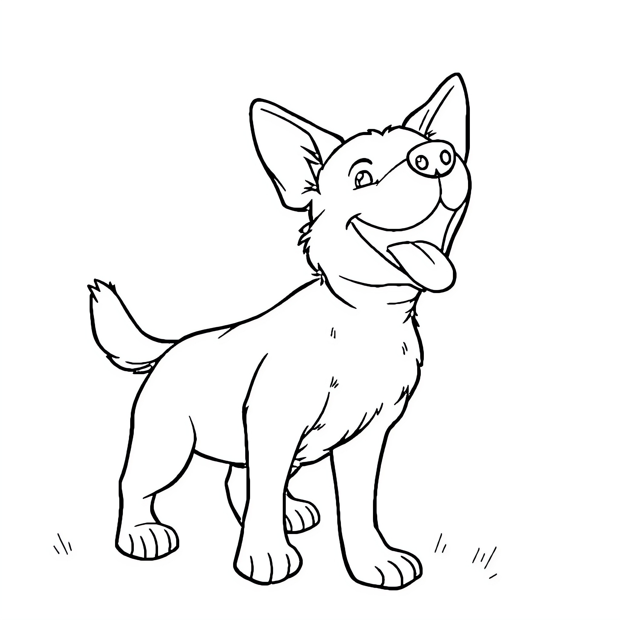 Dog happily smiling on grassy ground Coloring Page (free black-and-white line drawing printable PDF for all, from beginners to advanced learners, including children, teens, adults, and seniors)