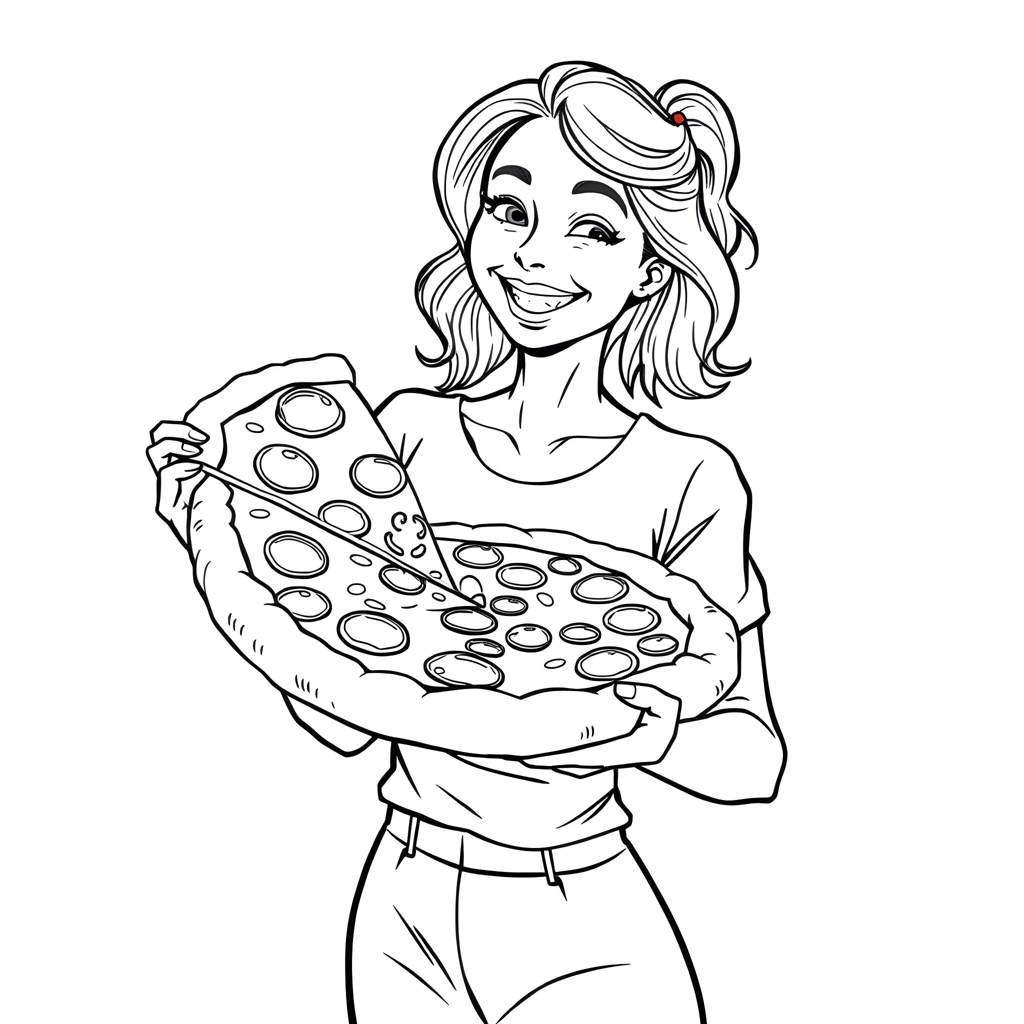 Woman happily holding a plate of baked goods Coloring Page (free black-and-white line drawing printable PDF for all, from beginners to advanced learners, including children, teens, adults, and seniors)
