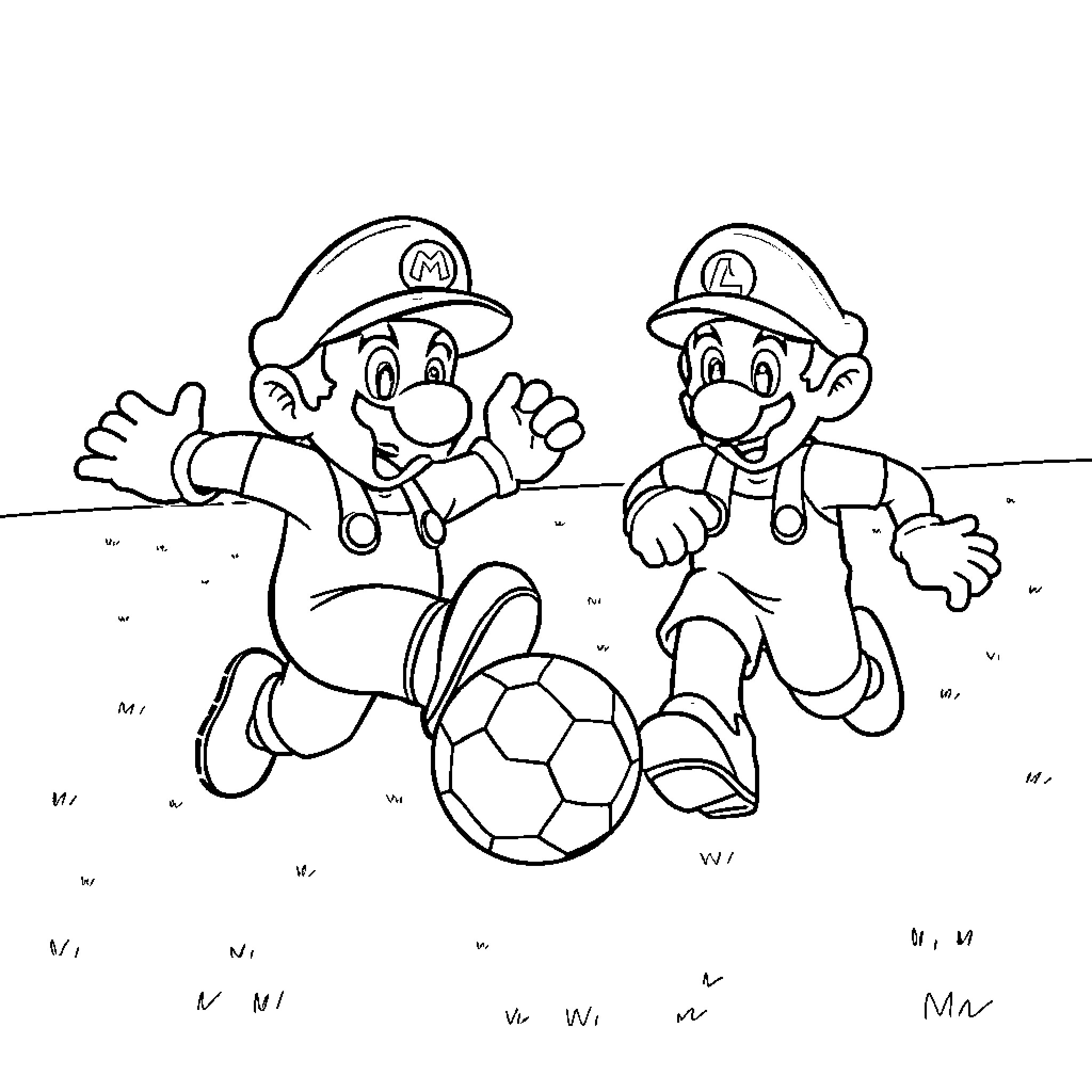 Mario brothers playing soccer in the park Coloring Page (free black-and-white line drawing printable PDF for all, from beginners to advanced learners, including children, teens, adults, and seniors)