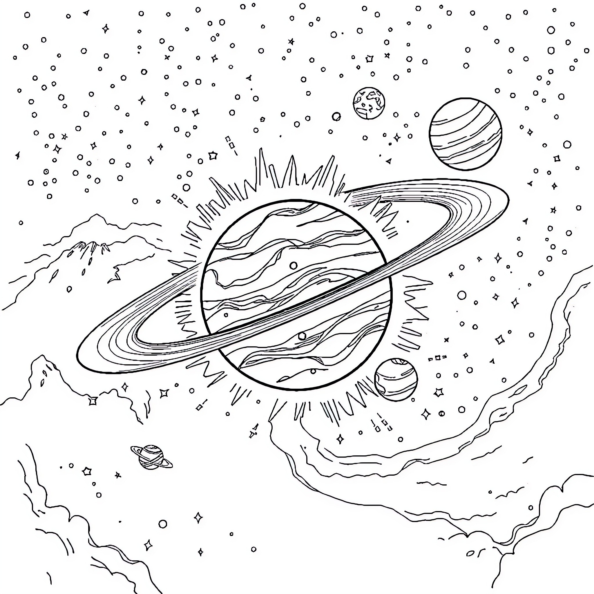 Solar System with Celestial Landscapes Coloring Page (free black-and-white line drawing printable PDF for all, from beginners to advanced learners, including children, teens, adults, and seniors)