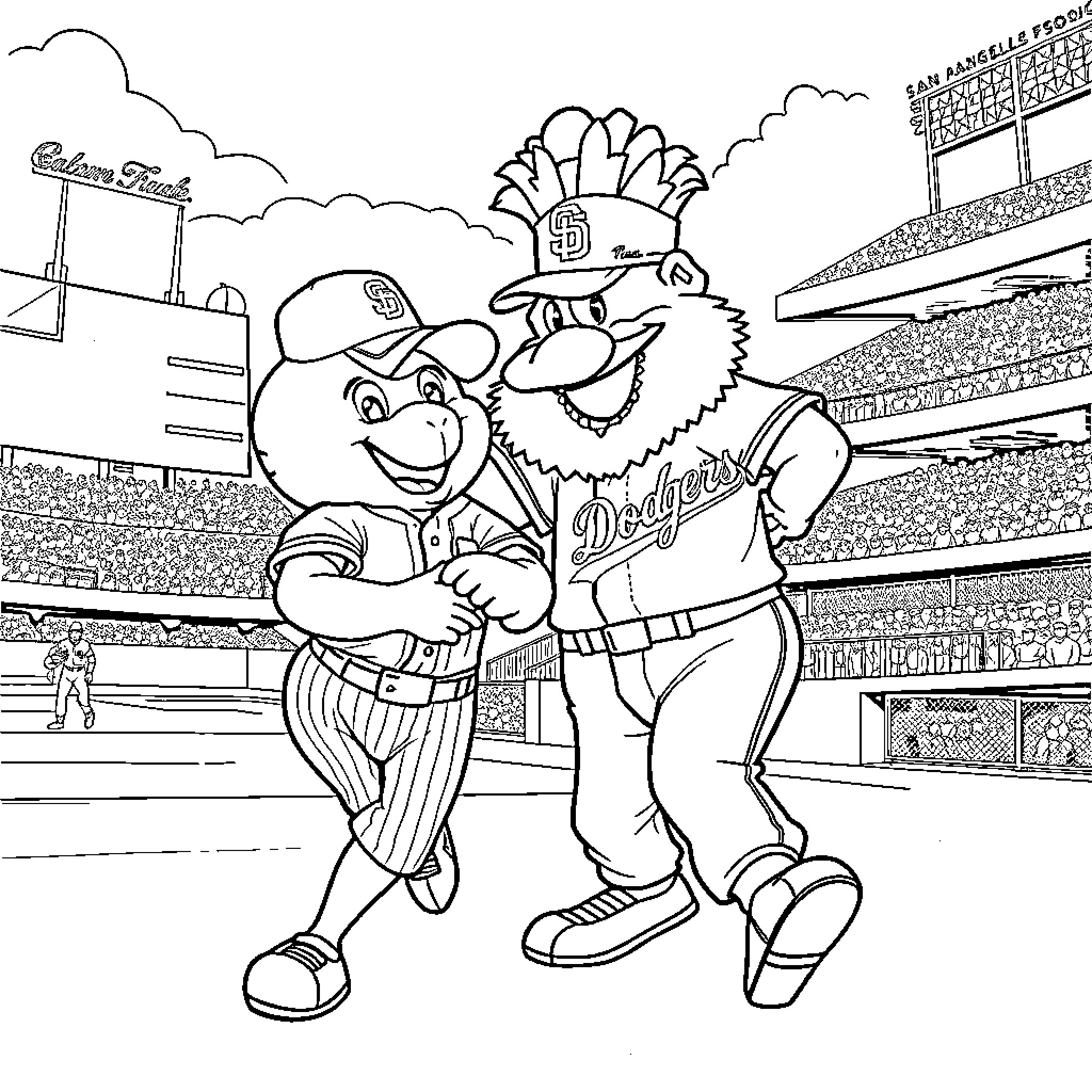 Mascot enjoying a baseball game in stadium Coloring Page (free black-and-white line drawing printable PDF for all, from beginners to advanced learners, including children, teens, adults, and seniors)