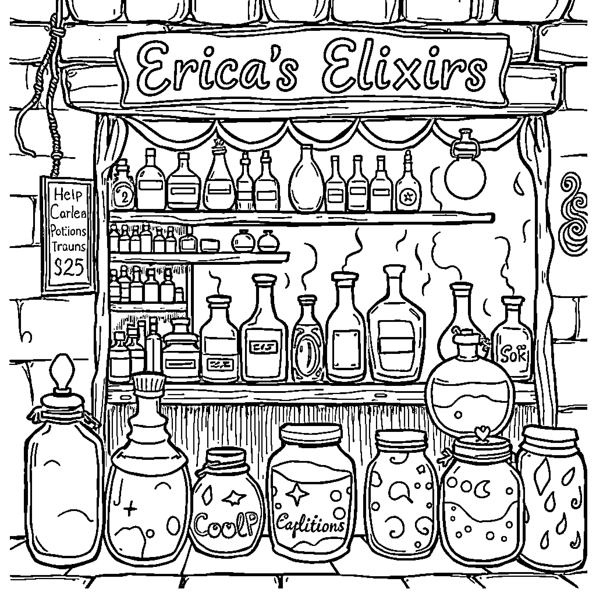 Erica's Elixirs - Potions, Concoctions, and Mysterious Brews Coloring Page (free black-and-white line drawing printable PDF for all, from beginners to advanced learners, including children, teens, adults, and seniors)