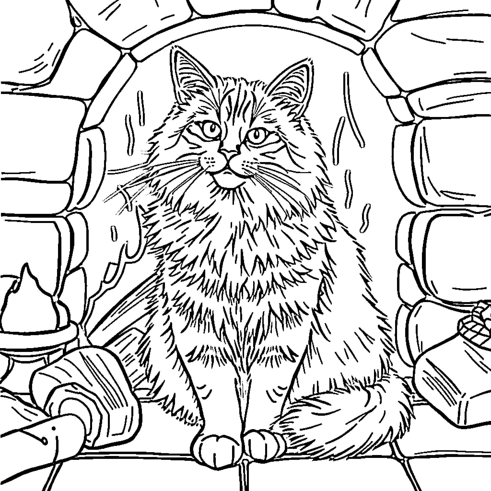 Maine Coon cat sitting on a rock with background Coloring Page (free black-and-white line drawing printable PDF for all, from beginners to advanced learners, including children, teens, adults, and seniors)