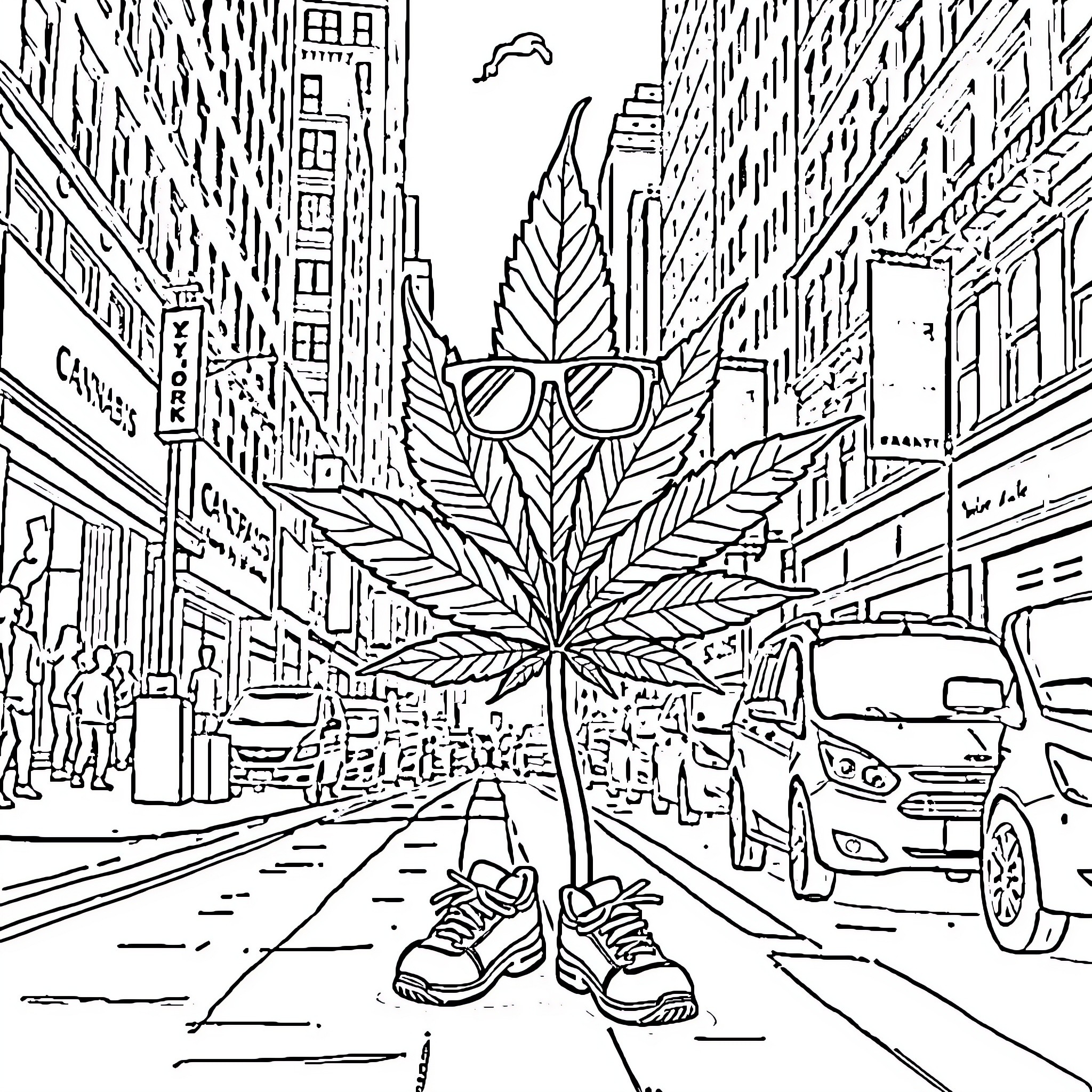 Cannabis Leaf in the Heart of the City Coloring Page (free black-and-white line drawing printable PDF for all, from beginners to advanced learners, including children, teens, adults, and seniors)