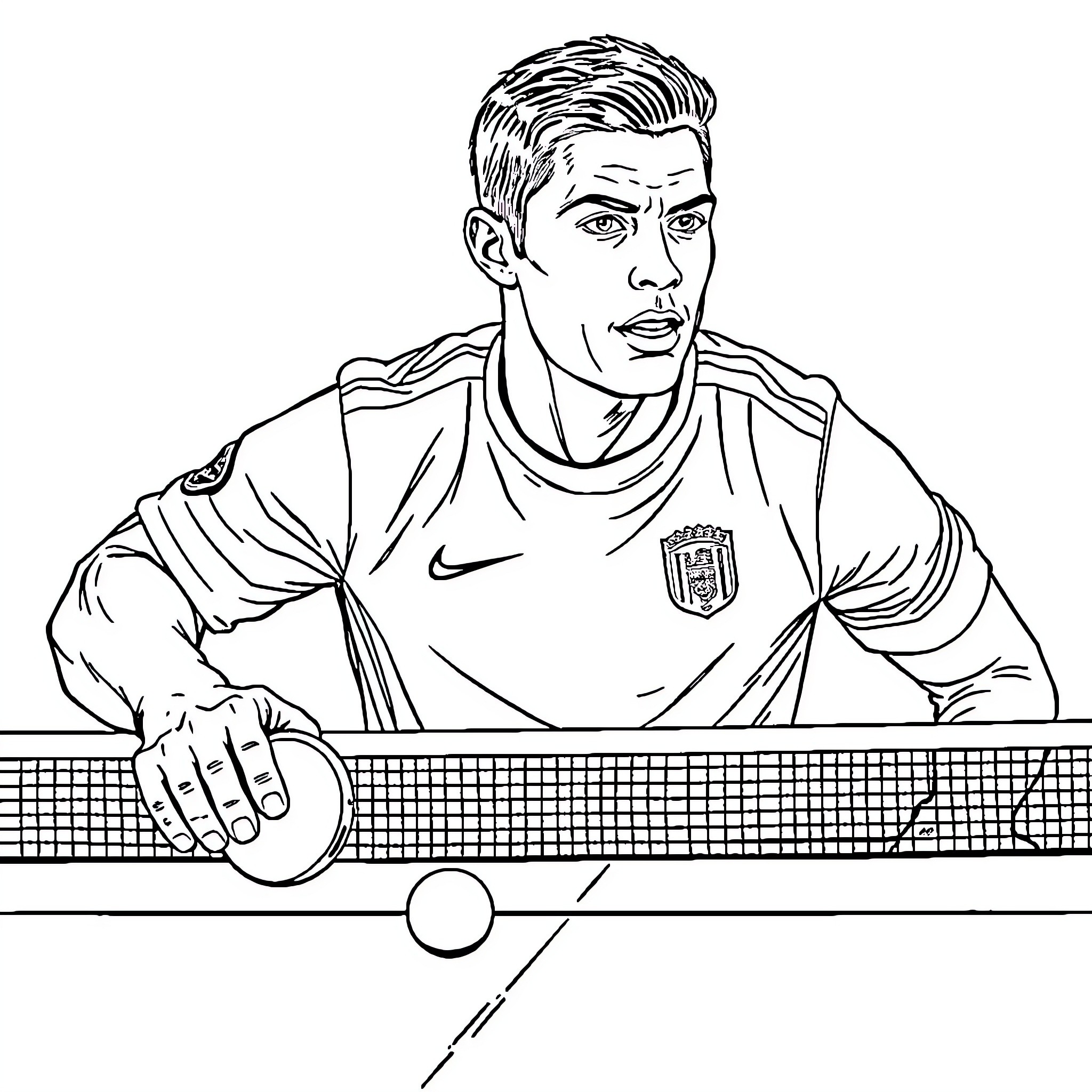 Ronaldo focused on tennis court gameplay Coloring Page (free black-and-white line drawing printable PDF for all, from beginners to advanced learners, including children, teens, adults, and seniors)