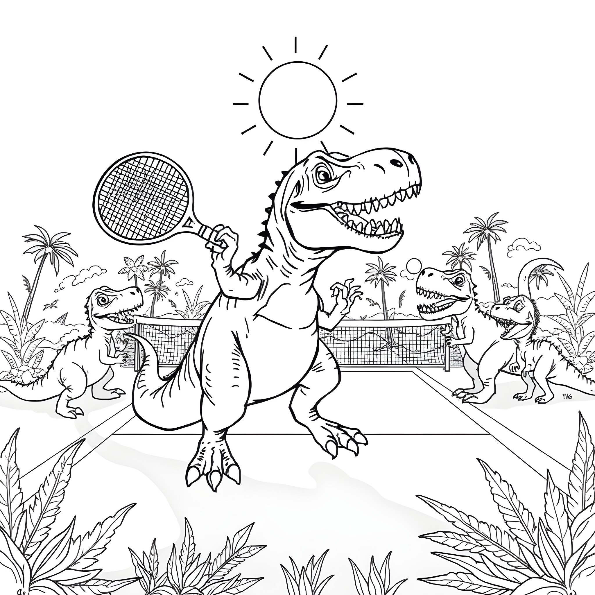 T-Rex Playing Tennis with Dinosaur Friends Coloring Page (free black-and-white line drawing printable PDF for all, from beginners to advanced learners, including children, teens, adults, and seniors)