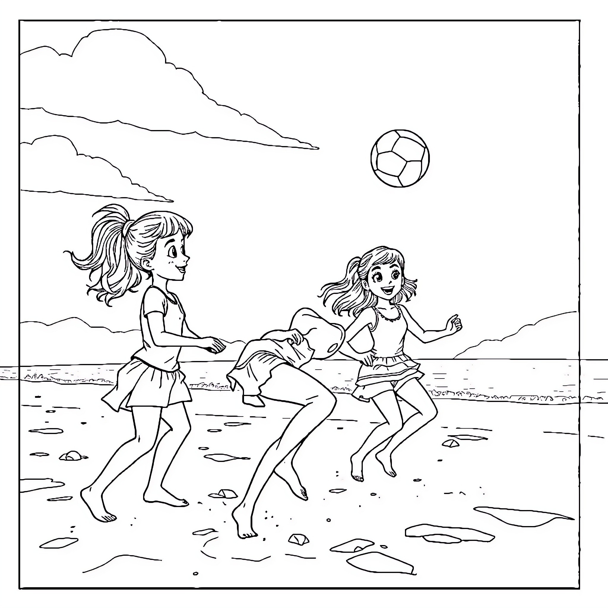 Girls playing with soccer ball on the beach Coloring Page (free black-and-white line drawing printable PDF for all, from beginners to advanced learners, including children, teens, adults, and seniors)