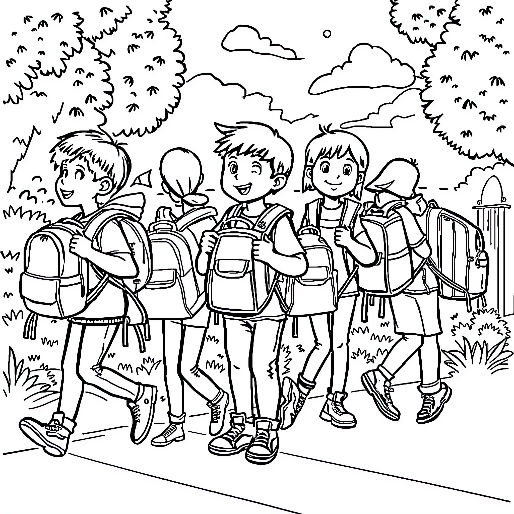 Back to School Fun with Friends Coloring Page (free black-and-white line drawing printable PDF for all, from beginners to advanced learners, including children, teens, adults, and seniors)