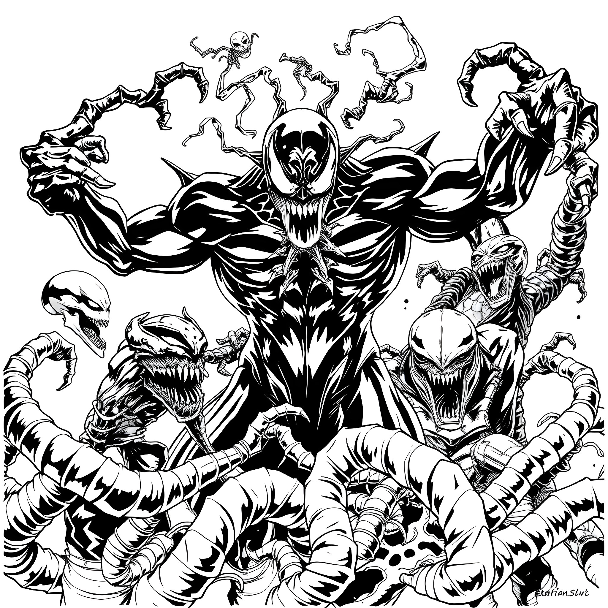 Carnage of Symbiotic Chaos Coloring Page (free black-and-white line drawing printable PDF for all, from beginners to advanced learners, including children, teens, adults, and seniors)