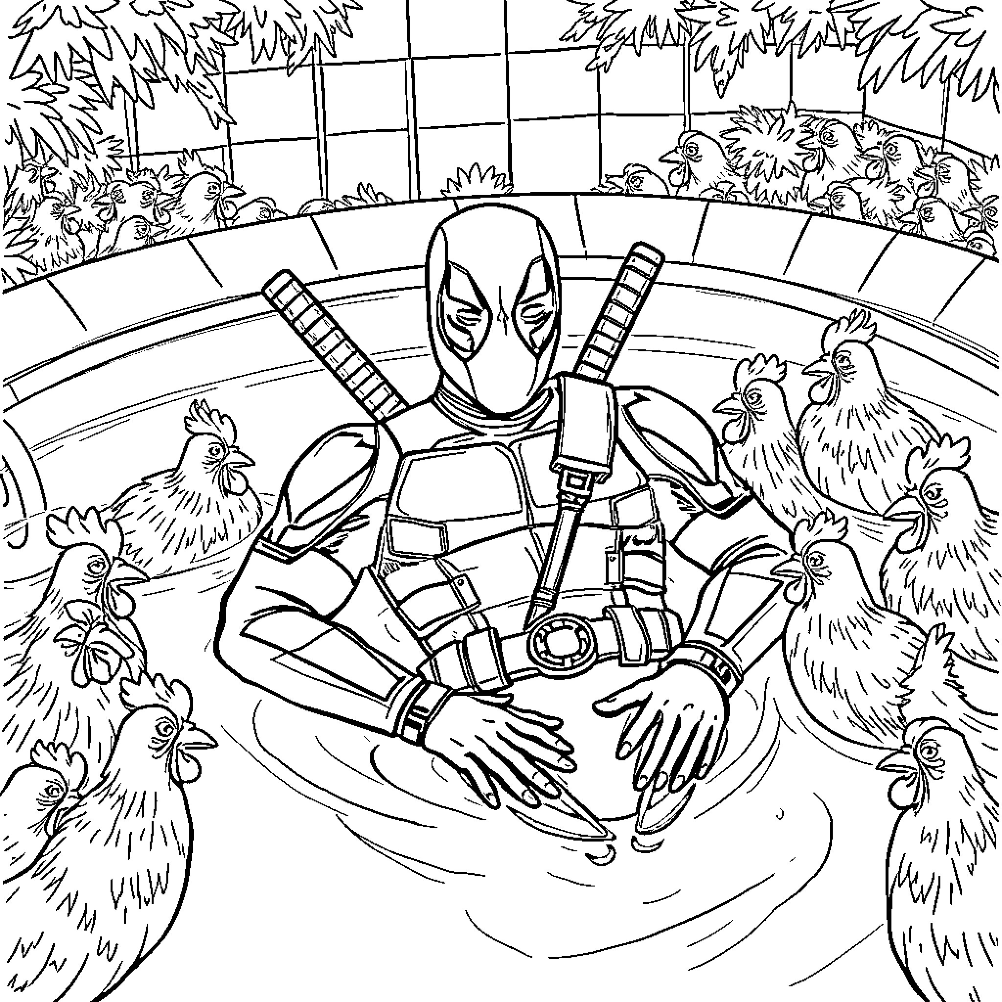 Deadpool's Unusual Encounter with Chickens Coloring Page (free black-and-white line drawing printable PDF for all, from beginners to advanced learners, including children, teens, adults, and seniors)