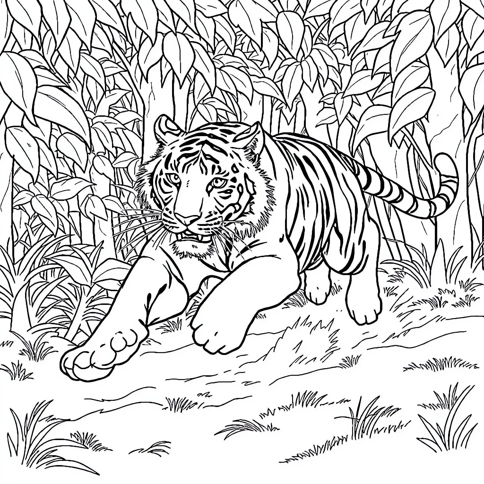 Tiger Relaxing in Lush Jungle Foliage Coloring Page (free black-and-white line drawing printable PDF for all, from beginners to advanced learners, including children, teens, adults, and seniors)