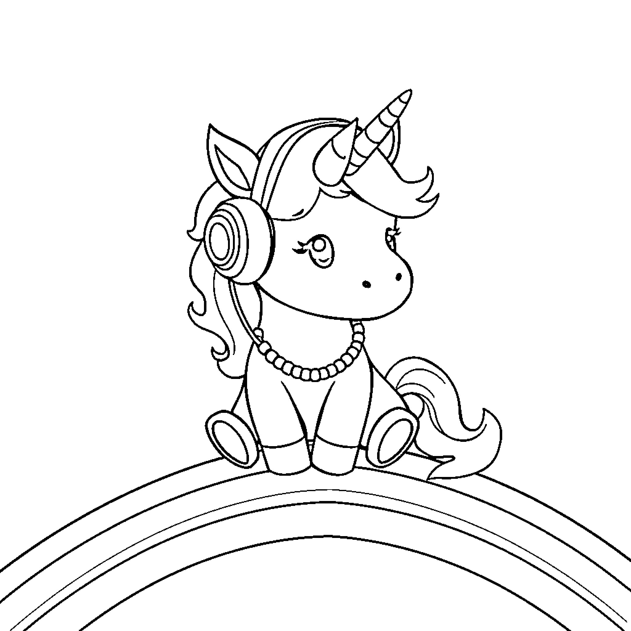 Unicorn sitting on a rainbow Coloring Page (free black-and-white line drawing printable PDF for all, from beginners to advanced learners, including children, teens, adults, and seniors)