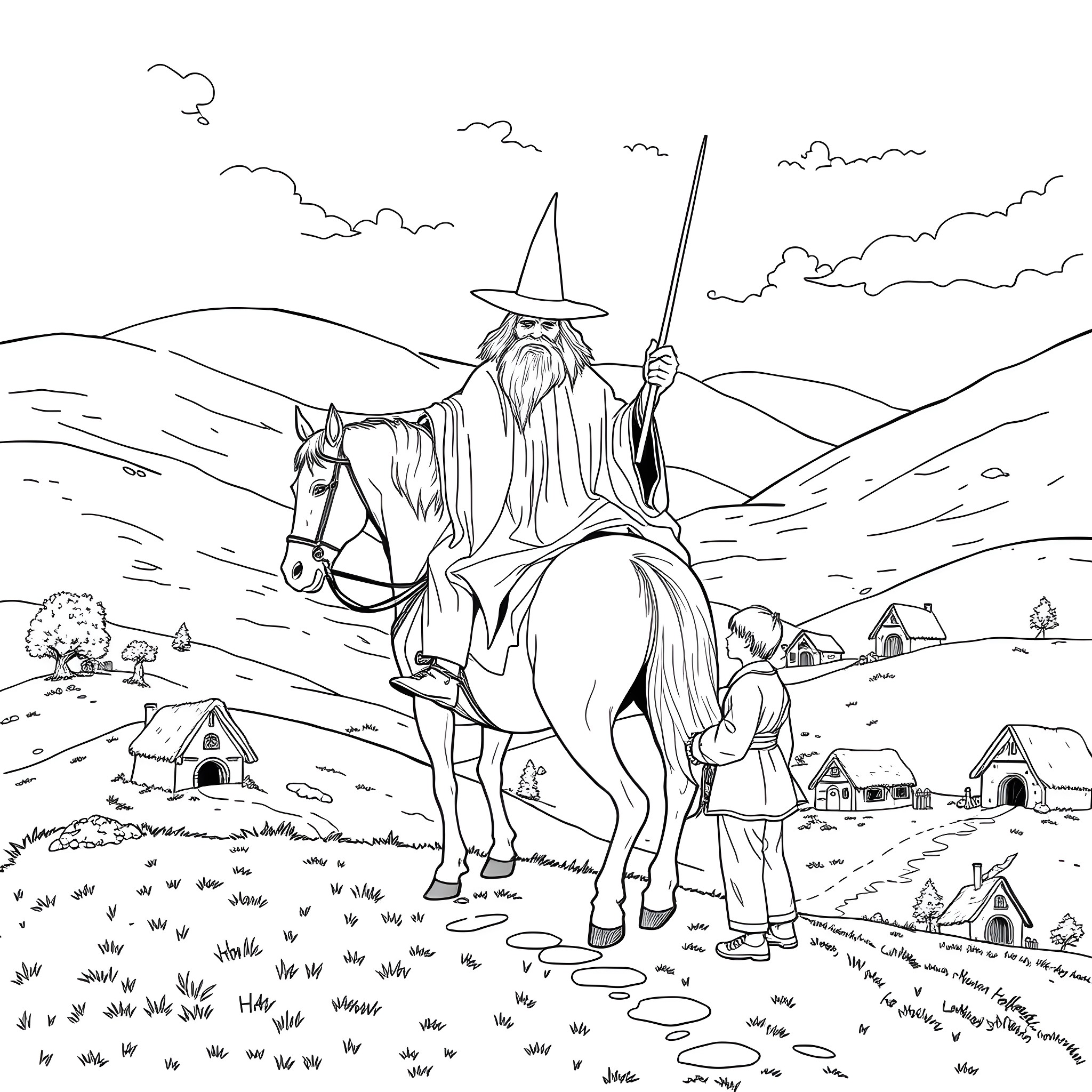 Gandalf the Grey Wizard on a Journey Through the Countryside Coloring Page (free black-and-white line drawing printable PDF for all, from beginners to advanced learners, including children, teens, adults, and seniors)