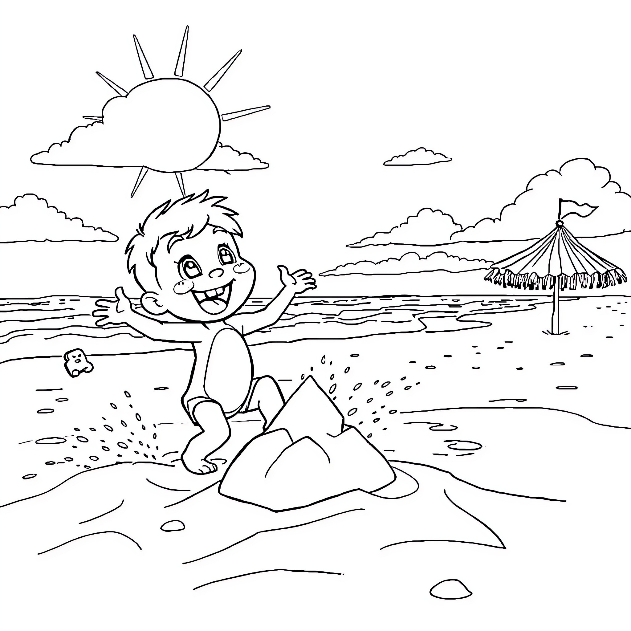 Bluey enjoys a fun day at the beach Coloring Page (free black-and-white line drawing printable PDF for all, from beginners to advanced learners, including children, teens, adults, and seniors)