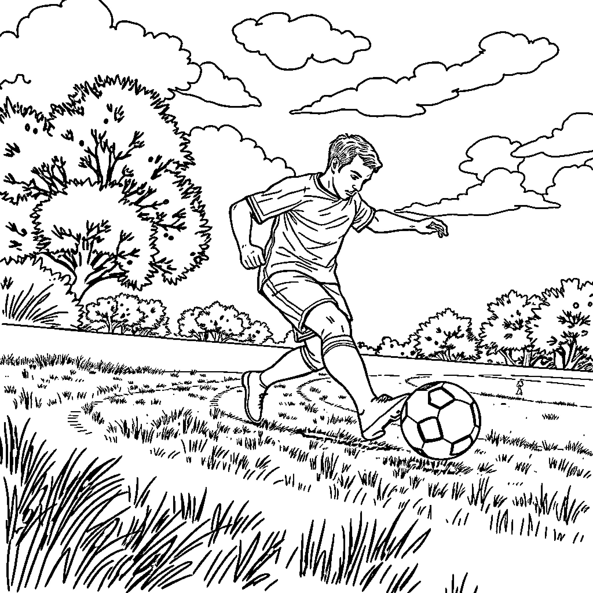 Macro Boy kicking soccer ball in outdoor field Coloring Page (free black-and-white line drawing printable PDF for all, from beginners to advanced learners, including children, teens, adults, and seniors)