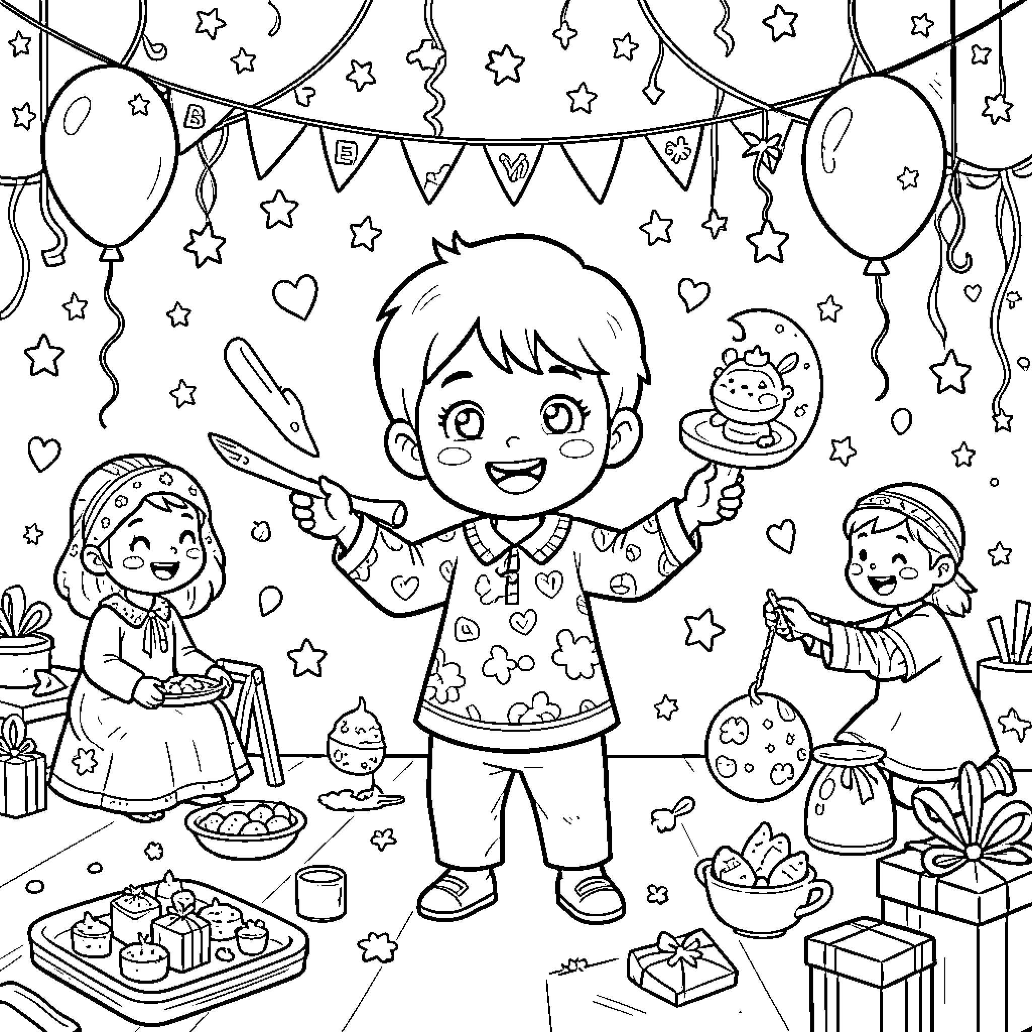 Eid celebration with children enjoying festivities Coloring Page (free black-and-white line drawing printable PDF for all, from beginners to advanced learners, including children, teens, adults, and seniors)