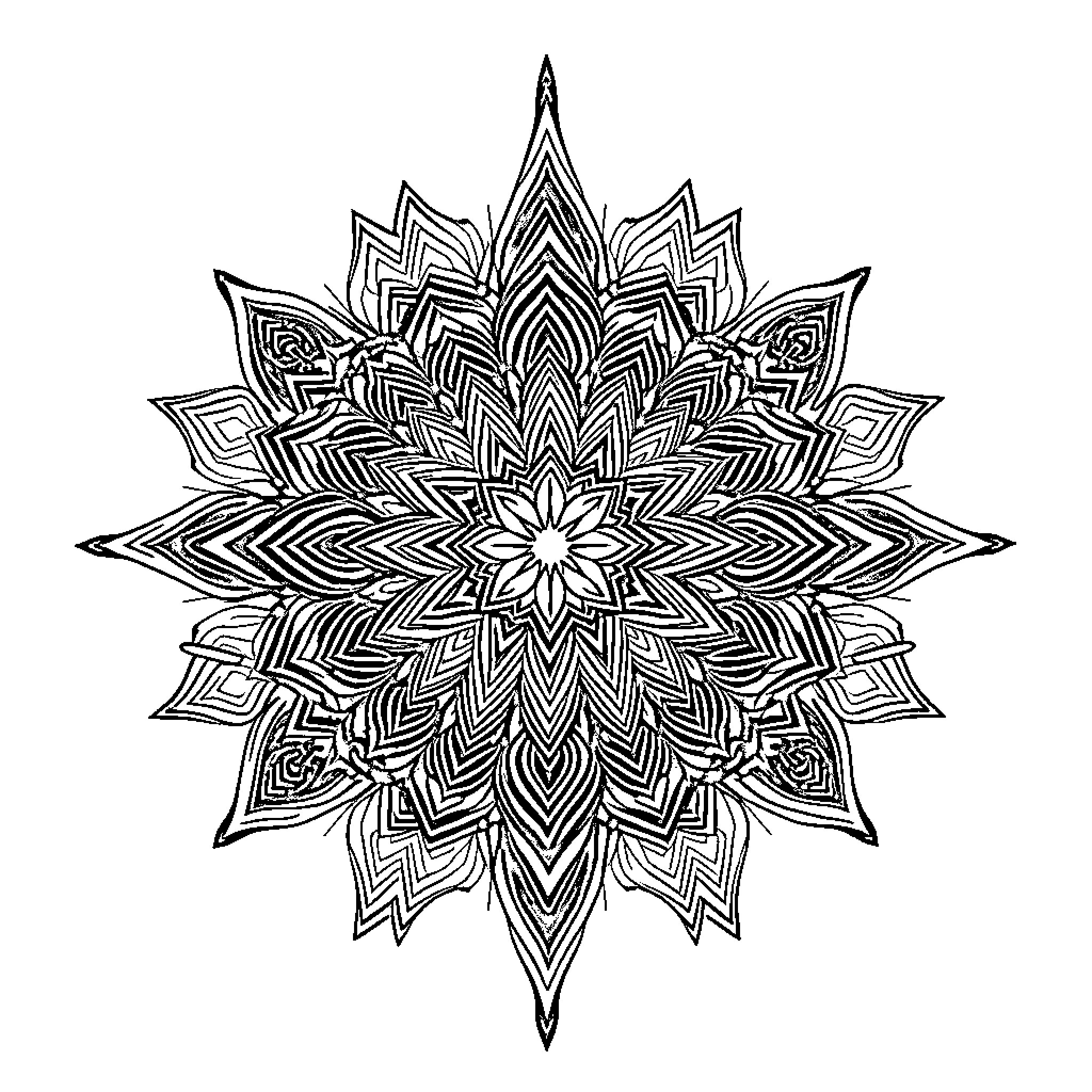 Mandala of intricate geometric patterns Coloring Page (free black-and-white line drawing printable PDF for all, from beginners to advanced learners, including children, teens, adults, and seniors)