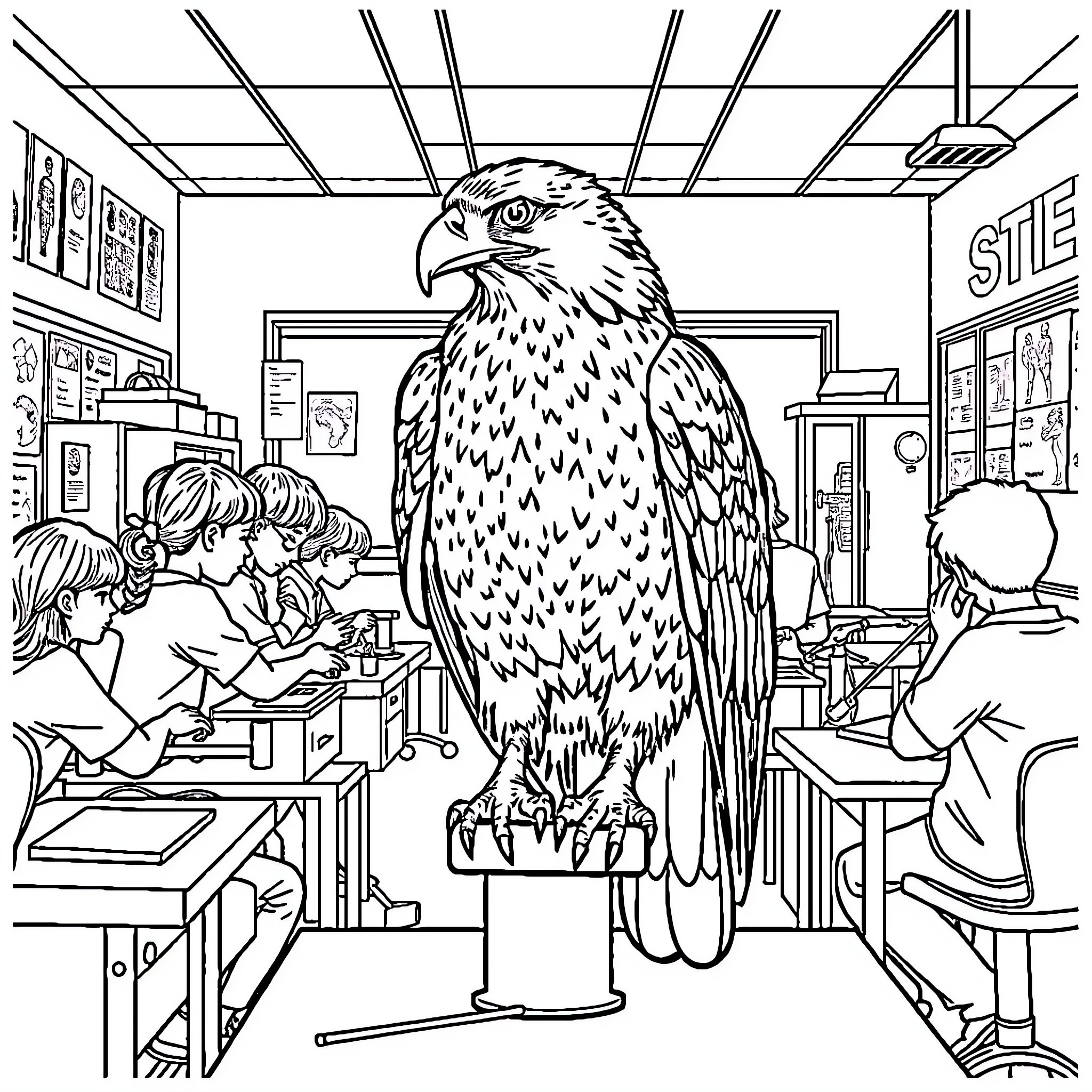 Hawk observing students in classroom Coloring Page (free black-and-white line drawing printable PDF for all, from beginners to advanced learners, including children, teens, adults, and seniors)
