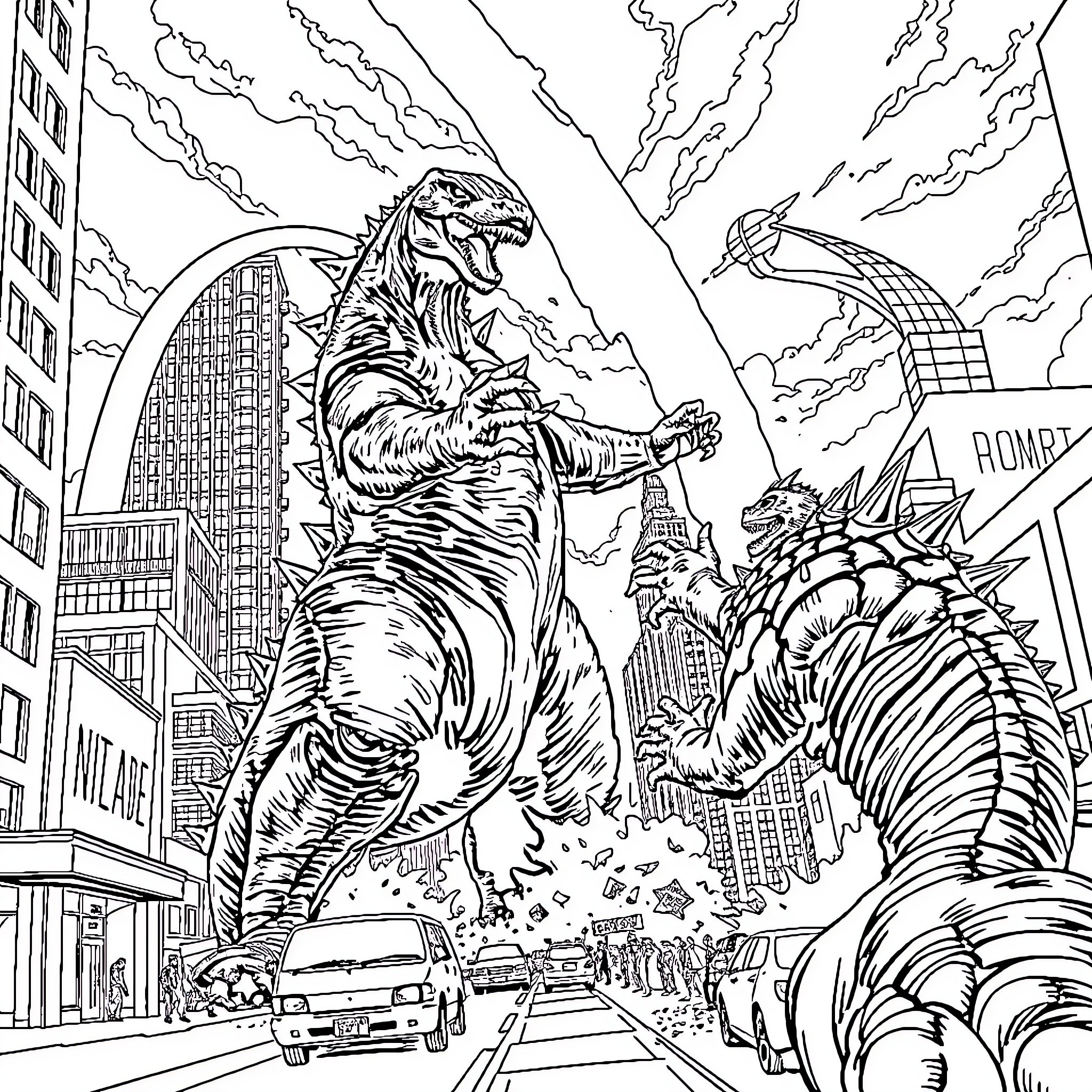 Godzilla Wreaking Havoc in the City Coloring Page (free black-and-white line drawing printable PDF for all, from beginners to advanced learners, including children, teens, adults, and seniors)