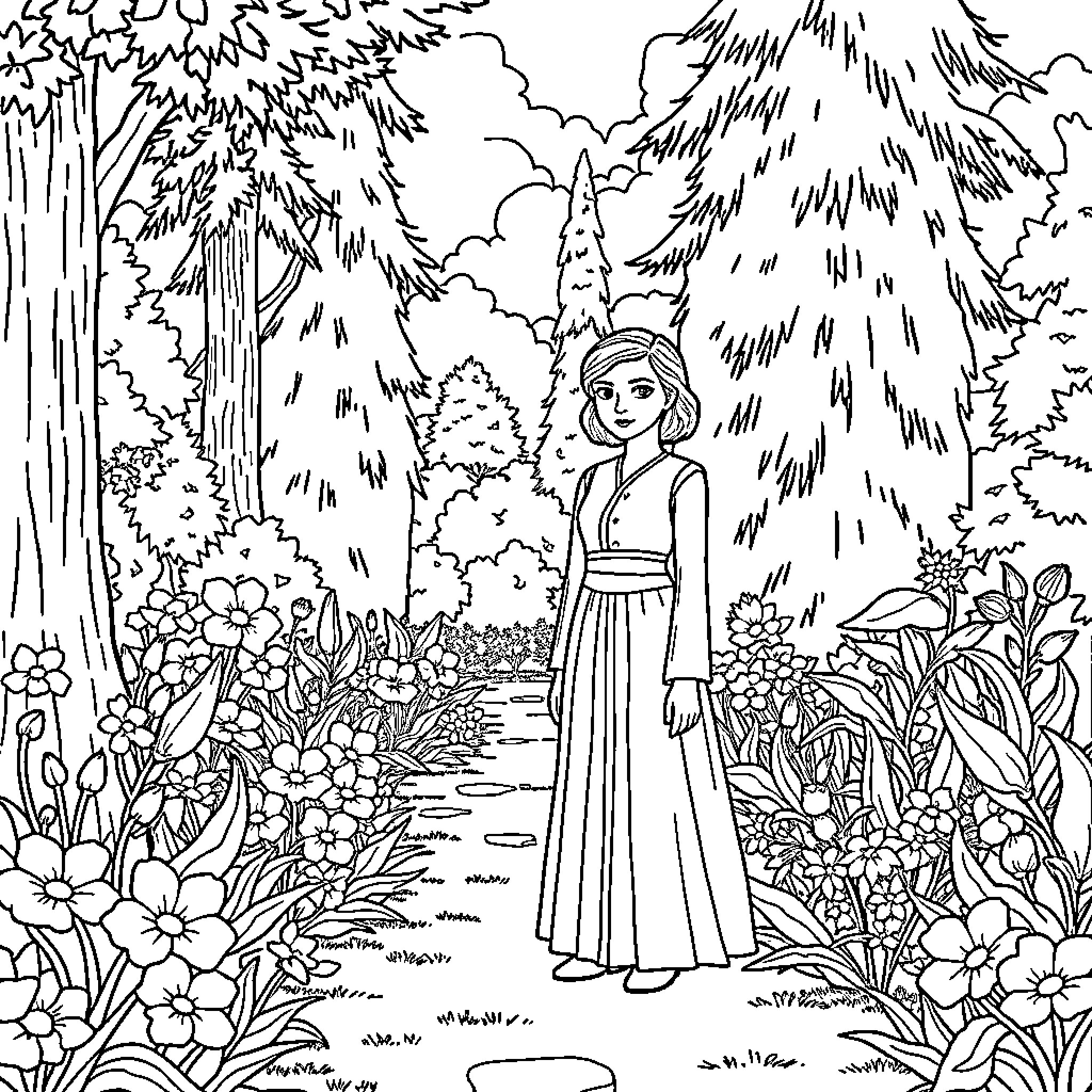 Wednesday Adams explores enchanting forest scene Coloring Page (free black-and-white line drawing printable PDF for all, from beginners to advanced learners, including children, teens, adults, and seniors)