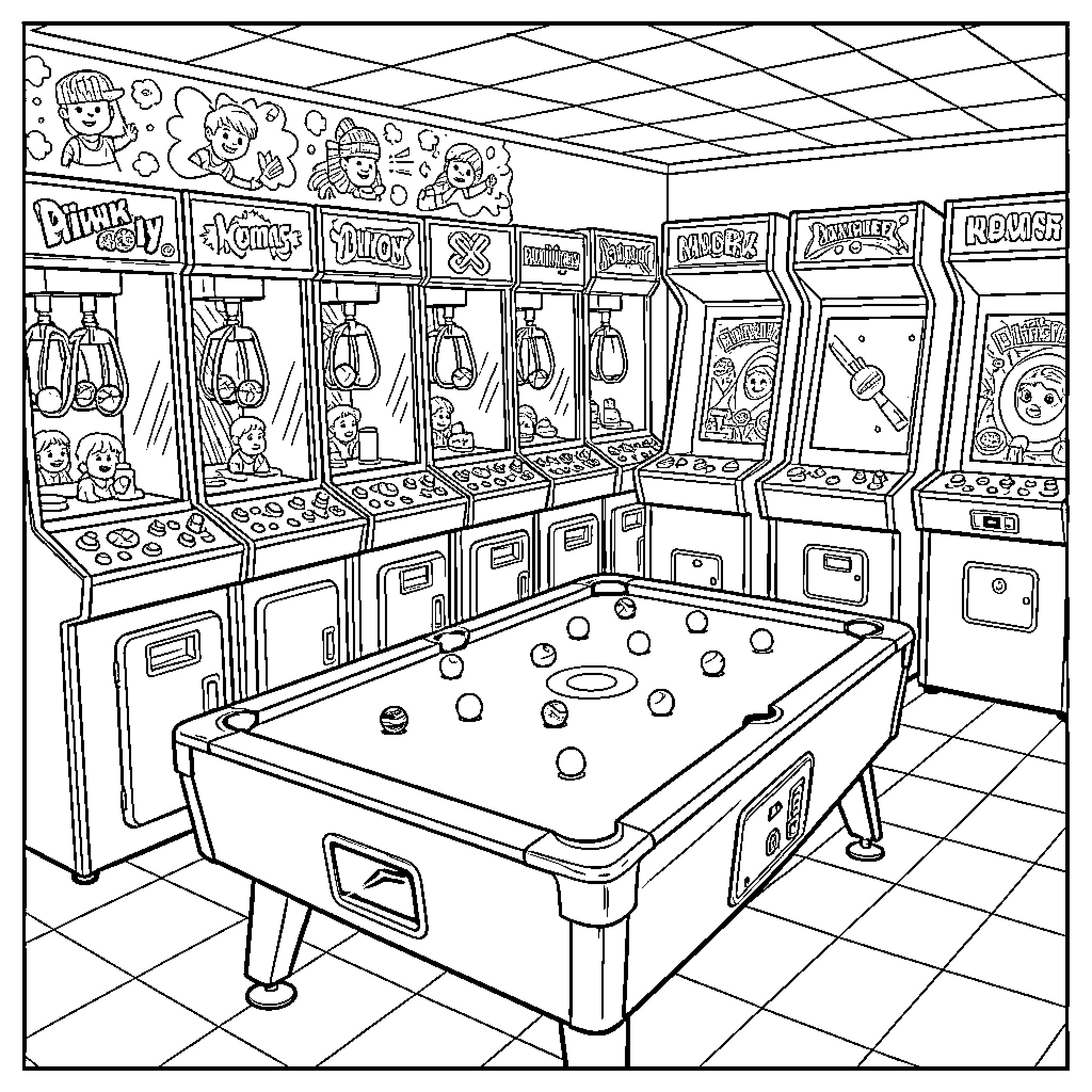 Arcade machines and pool table in a gaming room Coloring Page (free black-and-white line drawing printable PDF for all, from beginners to advanced learners, including children, teens, adults, and seniors)