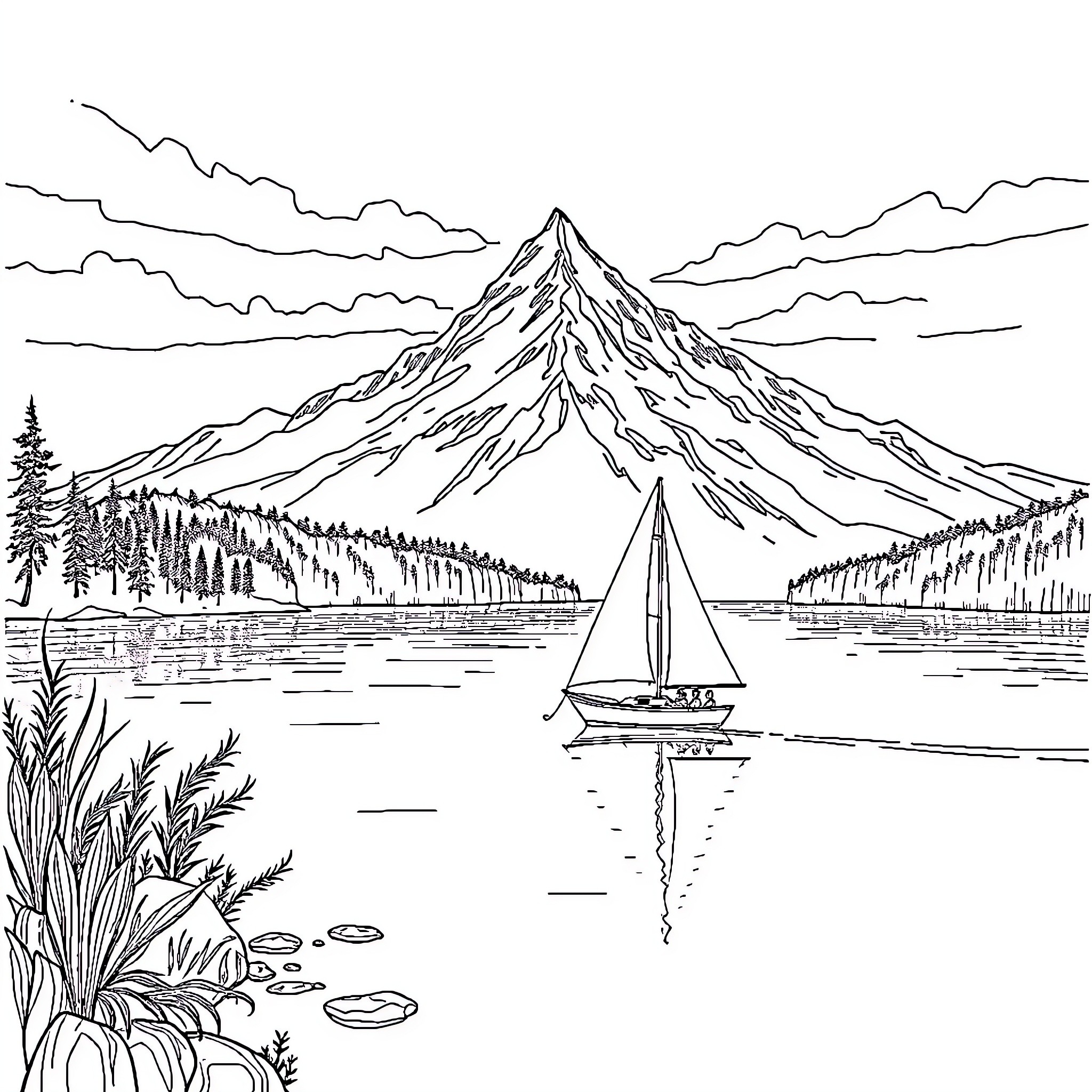 Sailboat on serene mountain lake Coloring Page (free black-and-white line drawing printable PDF for all, from beginners to advanced learners, including children, teens, adults, and seniors)